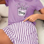 Women'S Casual Crew Neck Pajama Sets, Polyester 95.0% Elastane 5.0%, All-Season Comfort, Heart Pattern, Adult Sleepwear, Loungewear|Playful Print|Comfortable Fit, Pajamas for Travel