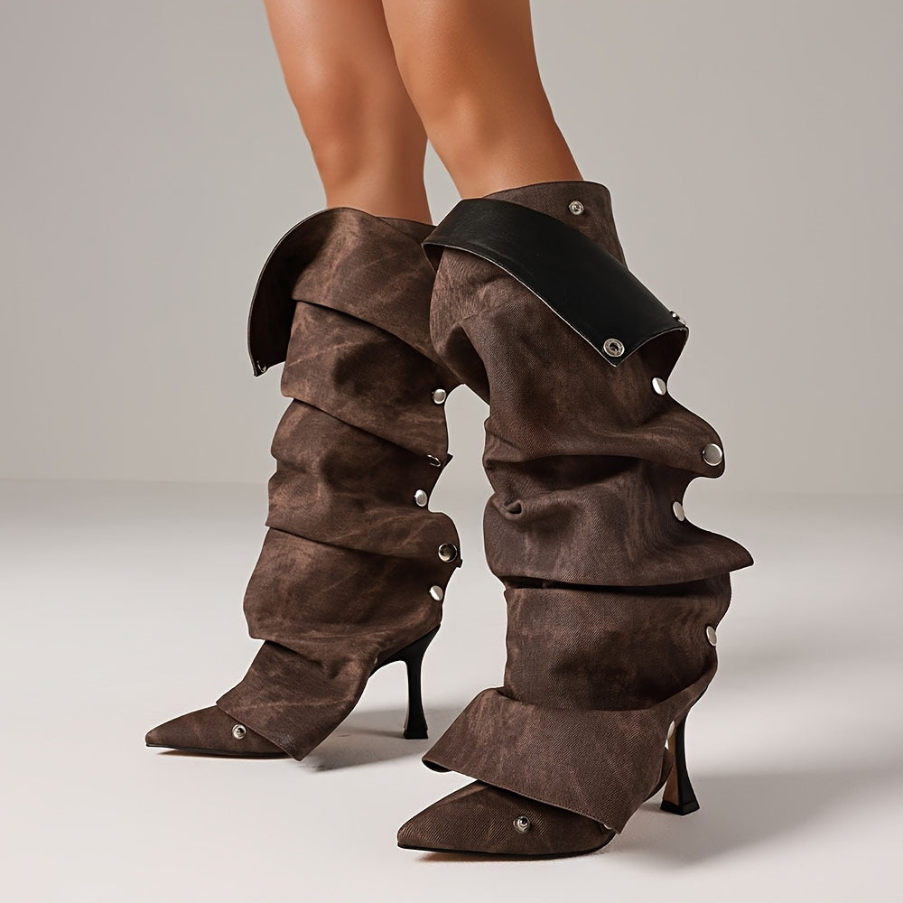 Women's Sexy Metallic Ruched Slouchy Knee-High Boots with Pointed Toe & Detachable Design - Stiletto Heel, Zipper, PU Cover & Rubber Sole for Dates, Casual Outings, High Heel Boots