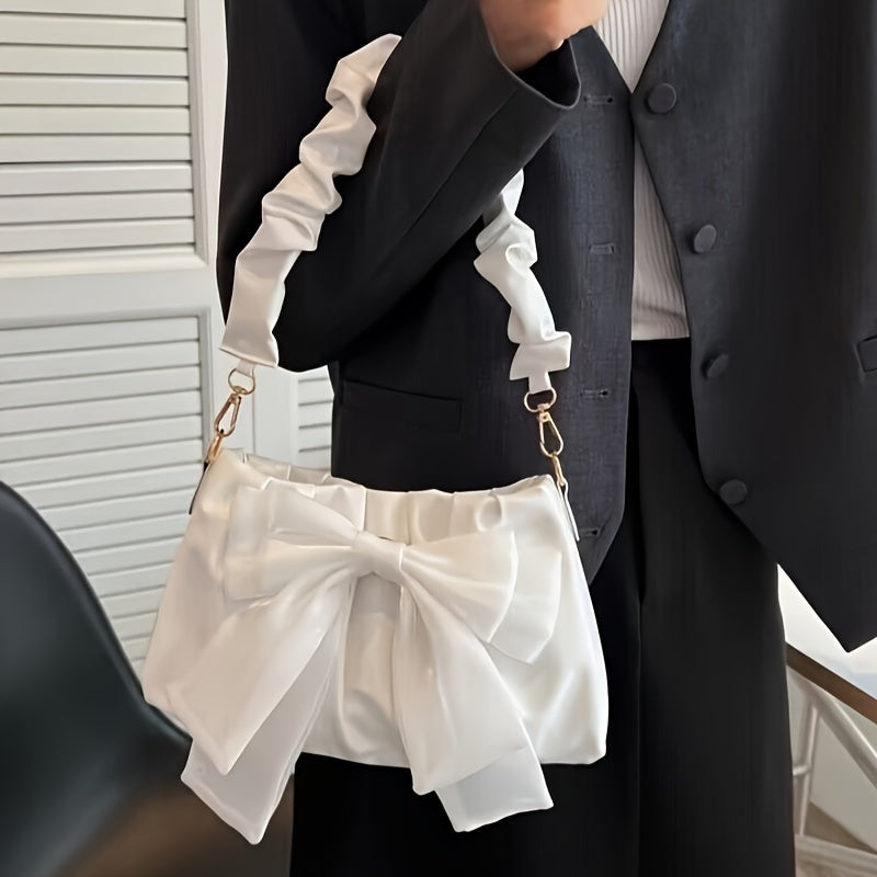 Chic Sweet Style Bowknot Decorated Handbag, Fashionable Solid Color Purse with Ruched Handle, Magnetic Closure, Polyester Lining - Mixed Color