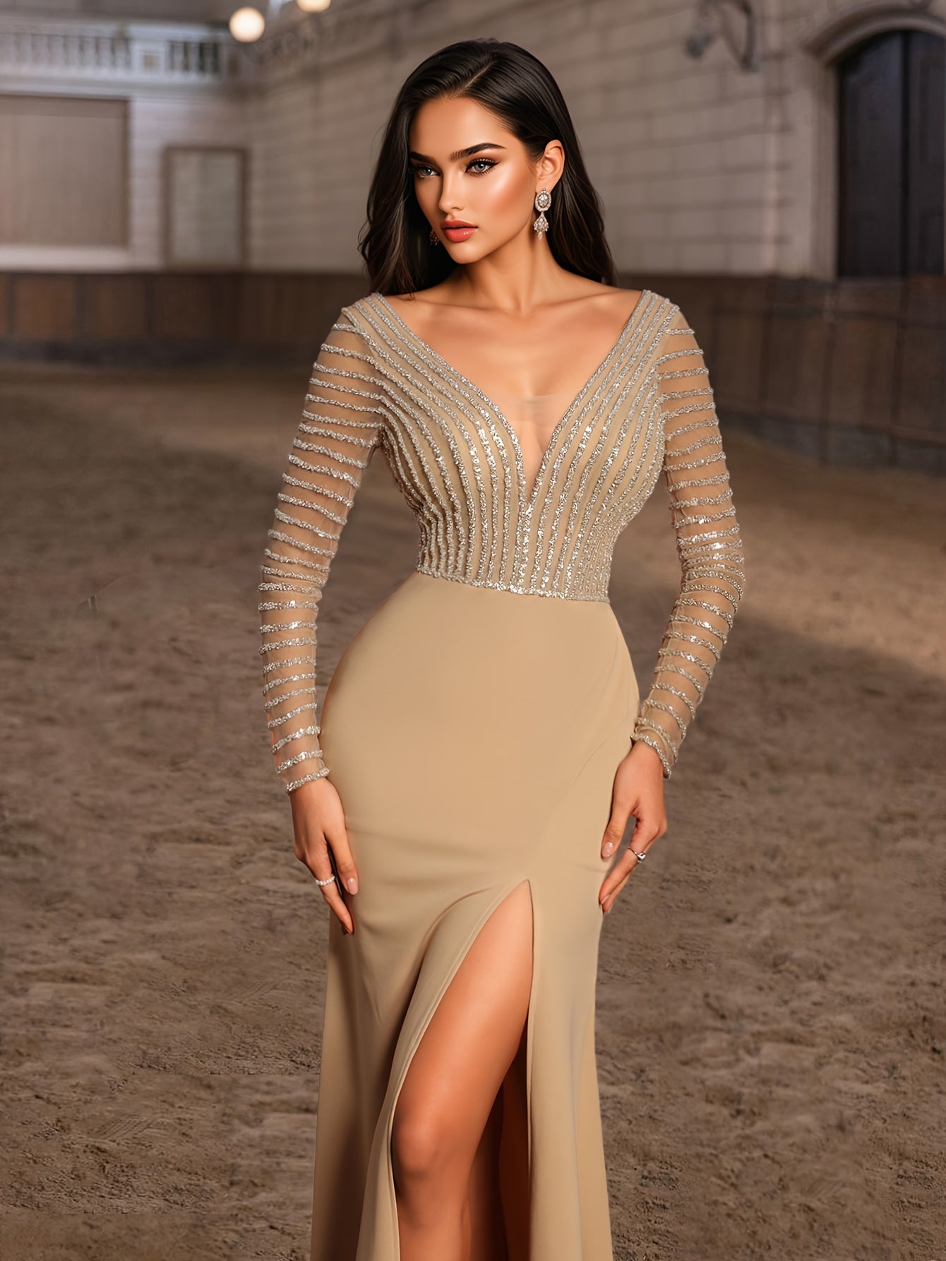 Women's Elegant Long Sleeve Sequin V-Neck Bodycon Mermaid Evening Gown with High Slit - Beige Formal Party Dress for Galas, Weddings & Proms
