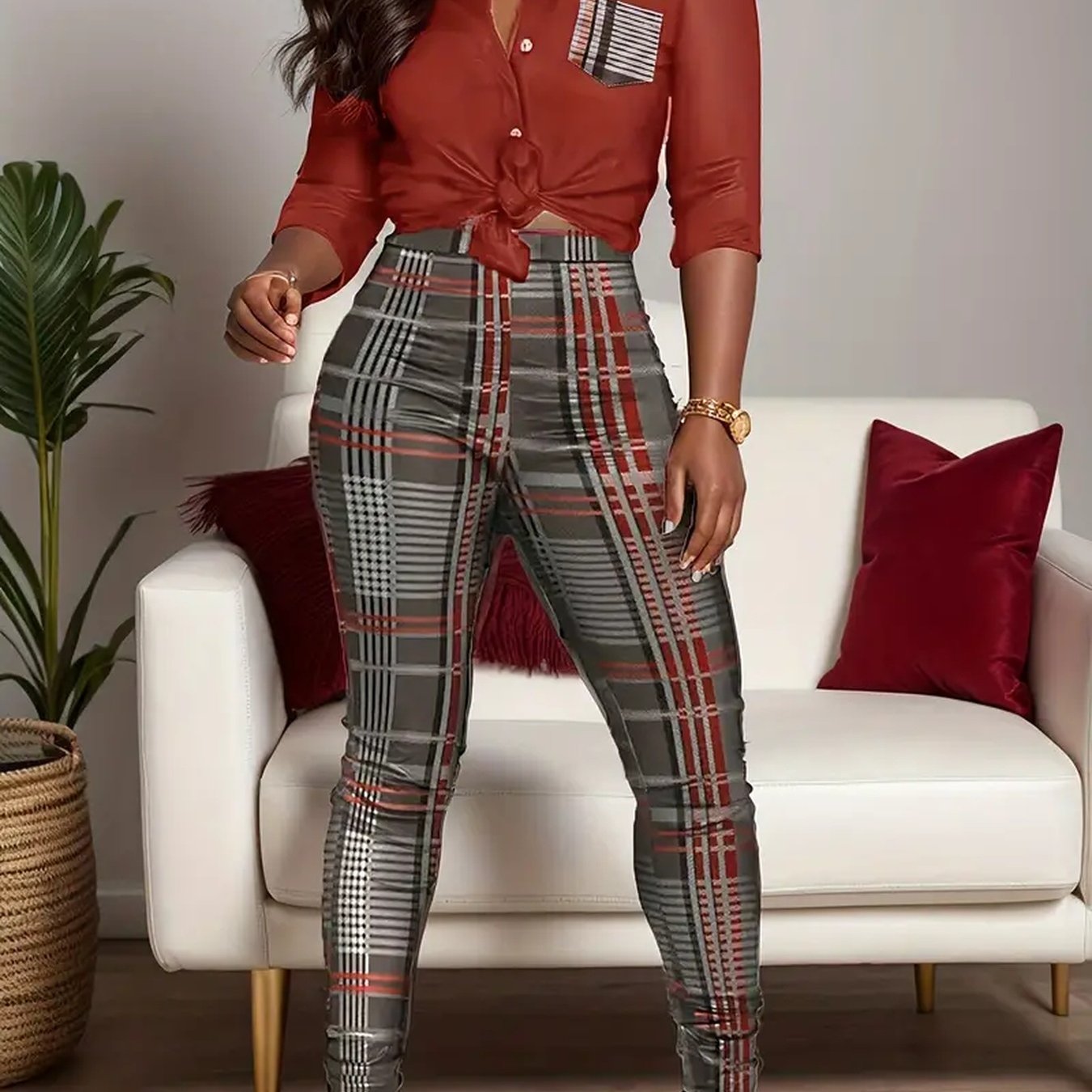 Fall & Spring Stylish Plaid Pantsuit Set -Elegant Women's Long Sleeve Collared Shirt & Skinny Fit Pants Set, Contrast Button Design, Perfected Clothing for Work or Daily Life