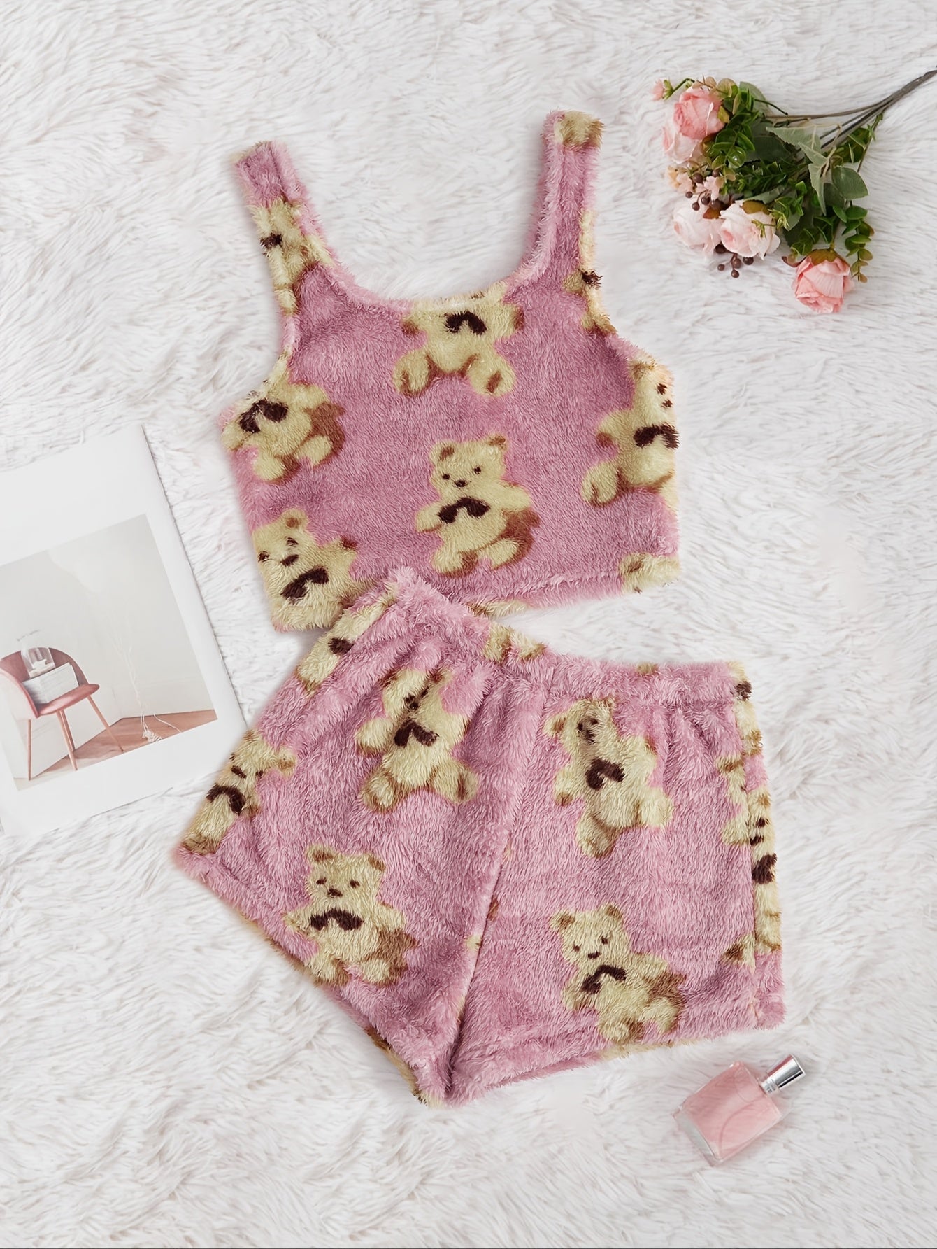 Women'S Fuzzy Loungewear Lady'S Pajamas Sleeveless Tank Top and Shorts Plush PJ Set