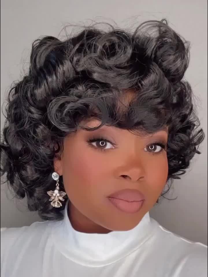 180% Density Bouncy Afro Loose Curls Short Bob Wig - 100% Human Hair, Pixie Cut, Bangs, Rose Cap, Glueless Put-On for All Ethnicities