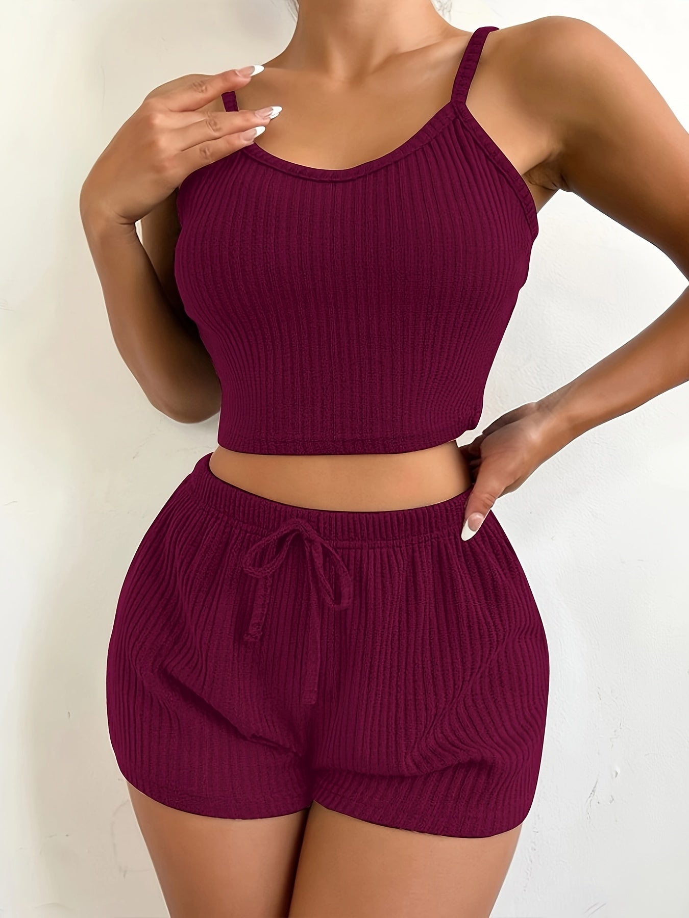 Solid Ribbed Slim Fit Lounge Set, Casual Round Neck Crop Cami Top & Drawstring Shorts, Women's Loungewear