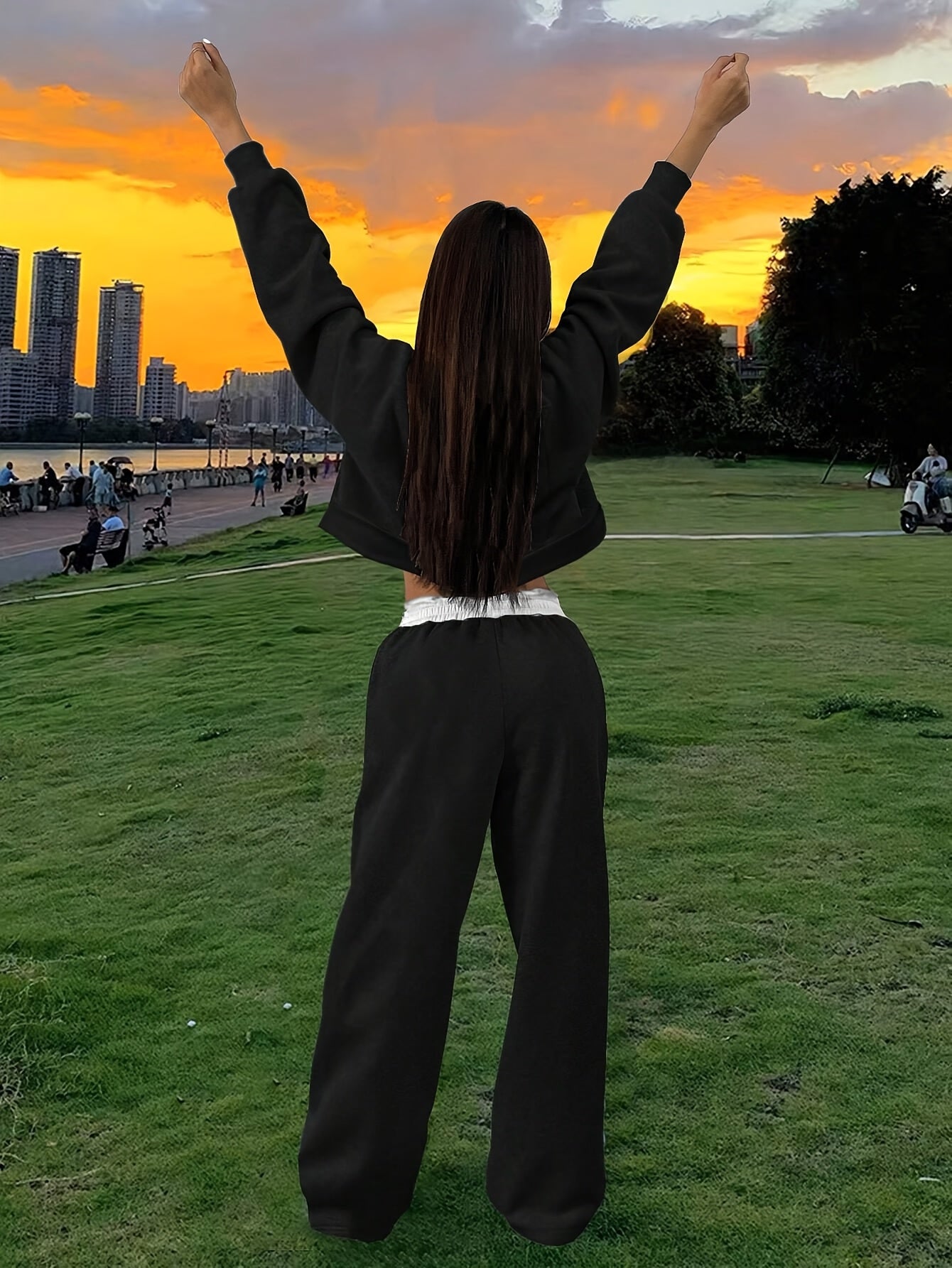 2pcs Women'S Casual Asymmetric Neck Digital Print Sweatshirt And Sweatpants Set, Spring/Autumn