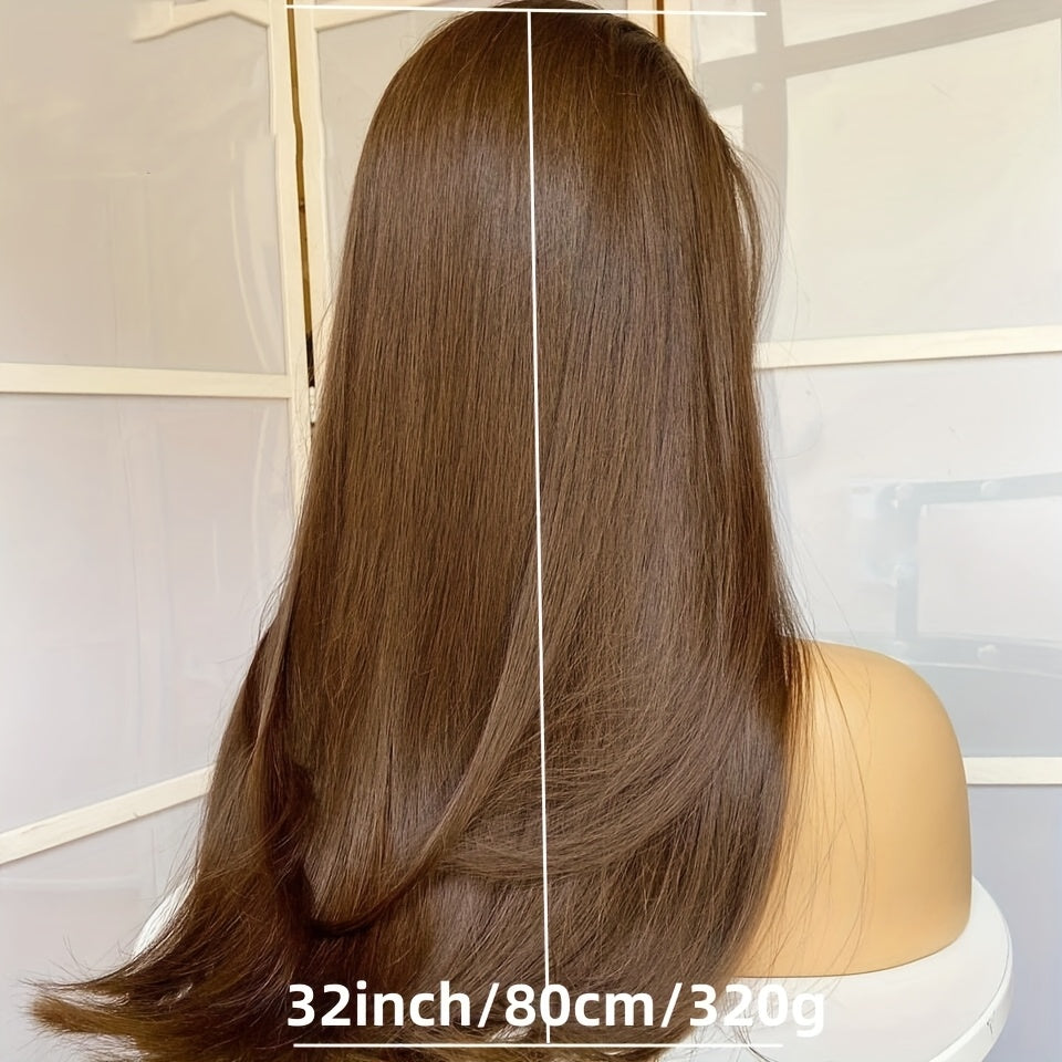 32" Long Brown Straight Lace Front Wig - 180% Density, Heat-Resistant Synthetic Hair for Women, Elegant Style for Daily Wear, 13x4 Lace Area, Smooth & Versatile Look for All Ethnicities, Daily Wear Wig | Elegant Straight Wig
