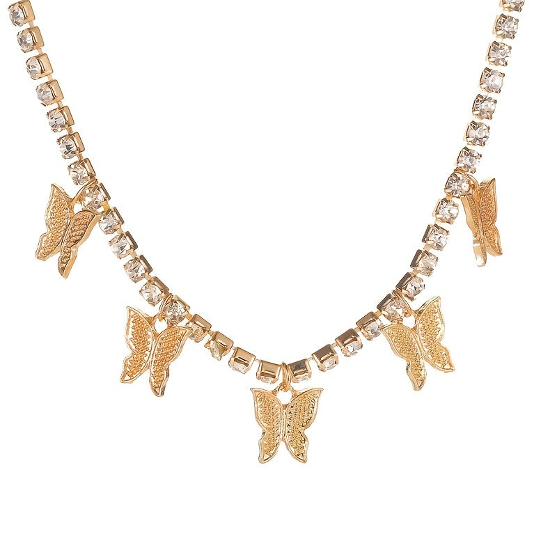 Women's Elegant 18K Gold Plated Cuban Link Butterfly Pendant Necklace - Sparkling Rhinestones, Synthetic Stones, Alloy Jewelry | Perfect for Mardi Gras Day, Weddings, Parties | Cascading Design, Holiday Theme, February Births