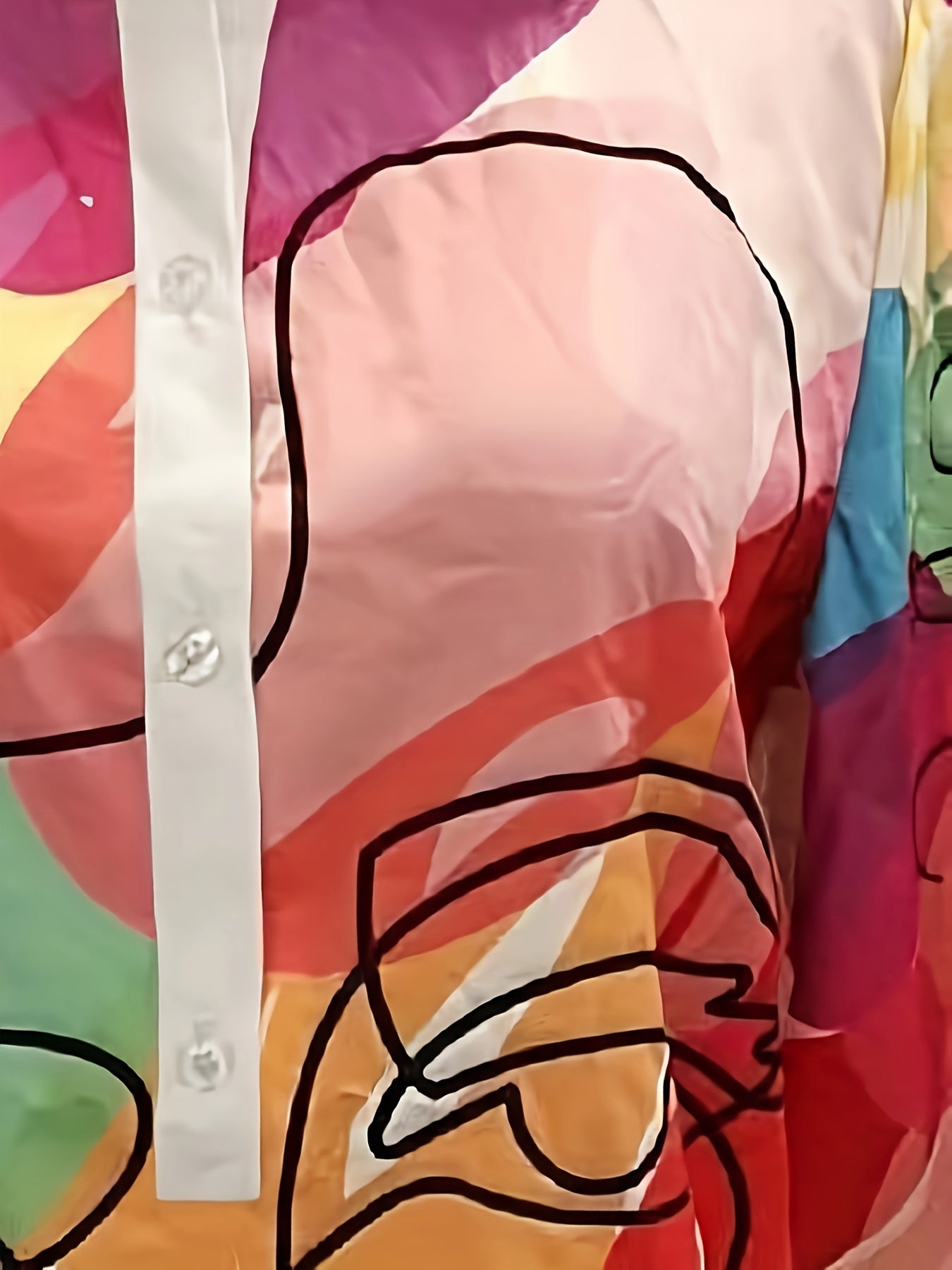 [Allseason Comfort] Vibrant Abstract Face Art Shirt Dress - Elegant Polyester Blend, Machine Washable, No-See-Through, All-Season Wear with Colorful Portrait Design and Collared Neckline for Women