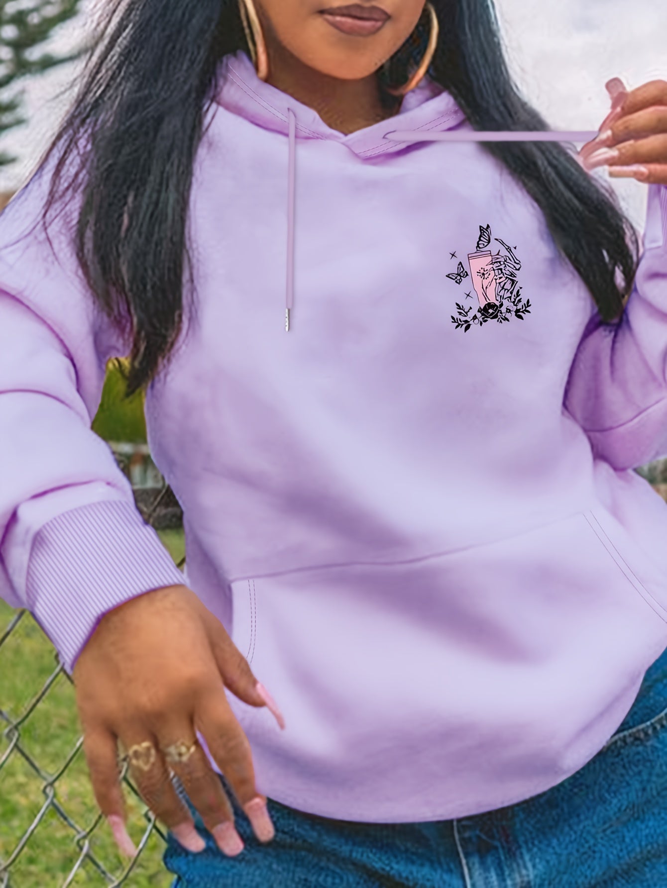 Women's Trendy Skull Print Hoodie - Casual Pullover with Kangaroo Pocket, Long Sleeve, Machine Washable Polyester