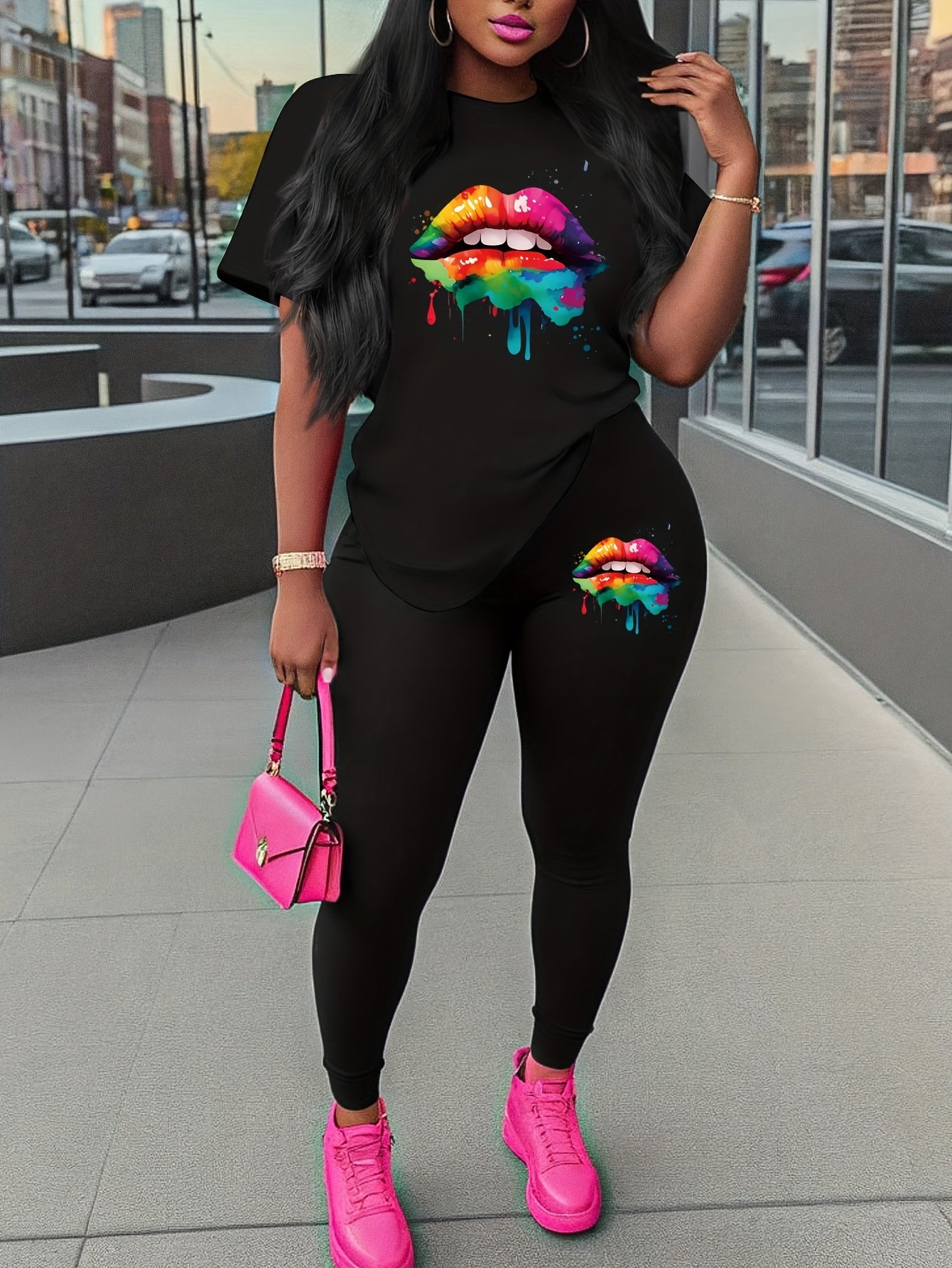 two piece Women's Two-Piece Lip Print Set: Short Sleeve T-Shirt & Leggings Outfit