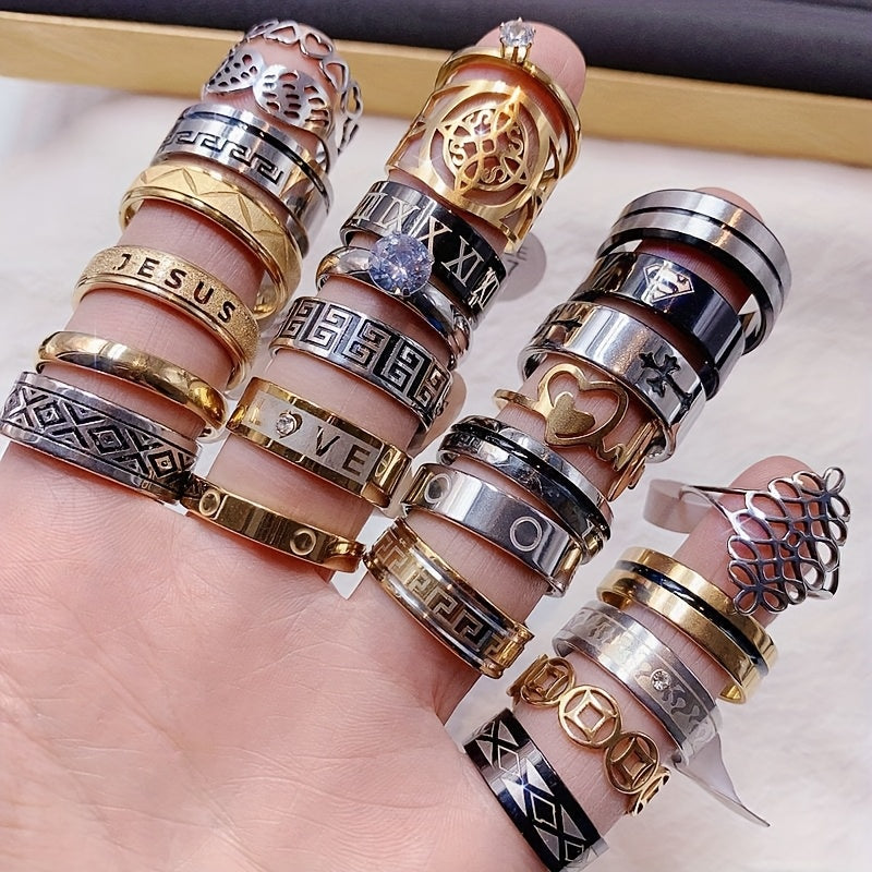 30pcs Punk-Inspired Stainless Steel Rings with Cubic Zirconia - Mixed Style, Sleek & Minimalist for Men & Women, Ideal for Daily Wear, Parties, and Gifts, Randomly Selected, Everyday Rings|Punkinspired Rings|Durable Rings