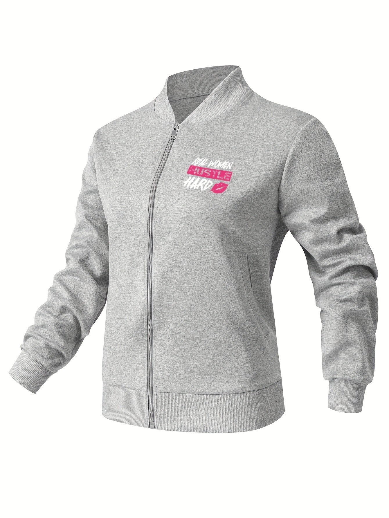 Everyday Comfort, Women's "Real Women Hustle Hard" Casual Bomber Jacket - Mint Green, Long Sleeve, Zip-Up with Pink Lips Graphic, Polyester Blend, Machine Washable, Motivational Apparel|Trendy Bomber Jacket|Smooth Texture Fab