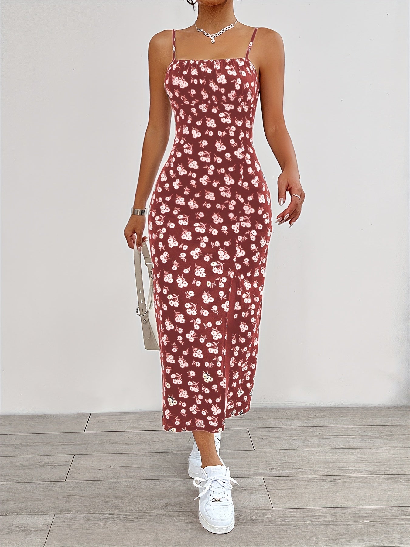 Floral Print Split Hem Cami Dress - Elegant Sleeveless Spaghetti Strap Dress For Spring & Summer - Women's Clothing - For Women - Perfect for Casual & Party Occasions - Ideal Gift for Her