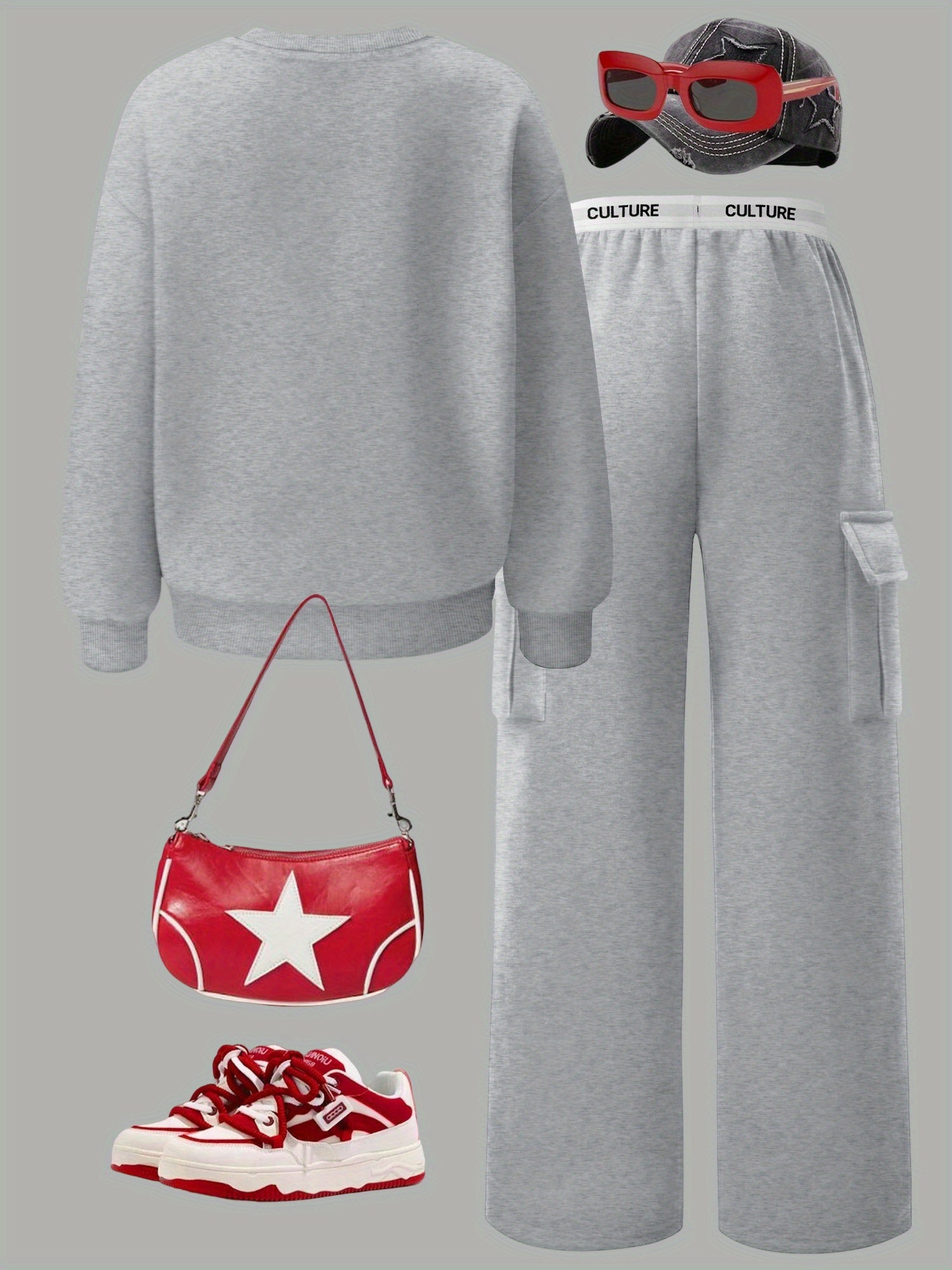 Women's Brooklyn New York Letter Print Sweatshirt Set - Casual Gray Long Sleeve Crewneck & Black Cargo Pants with Pockets, Polyester Blend, Perfect for Fall/Winter
