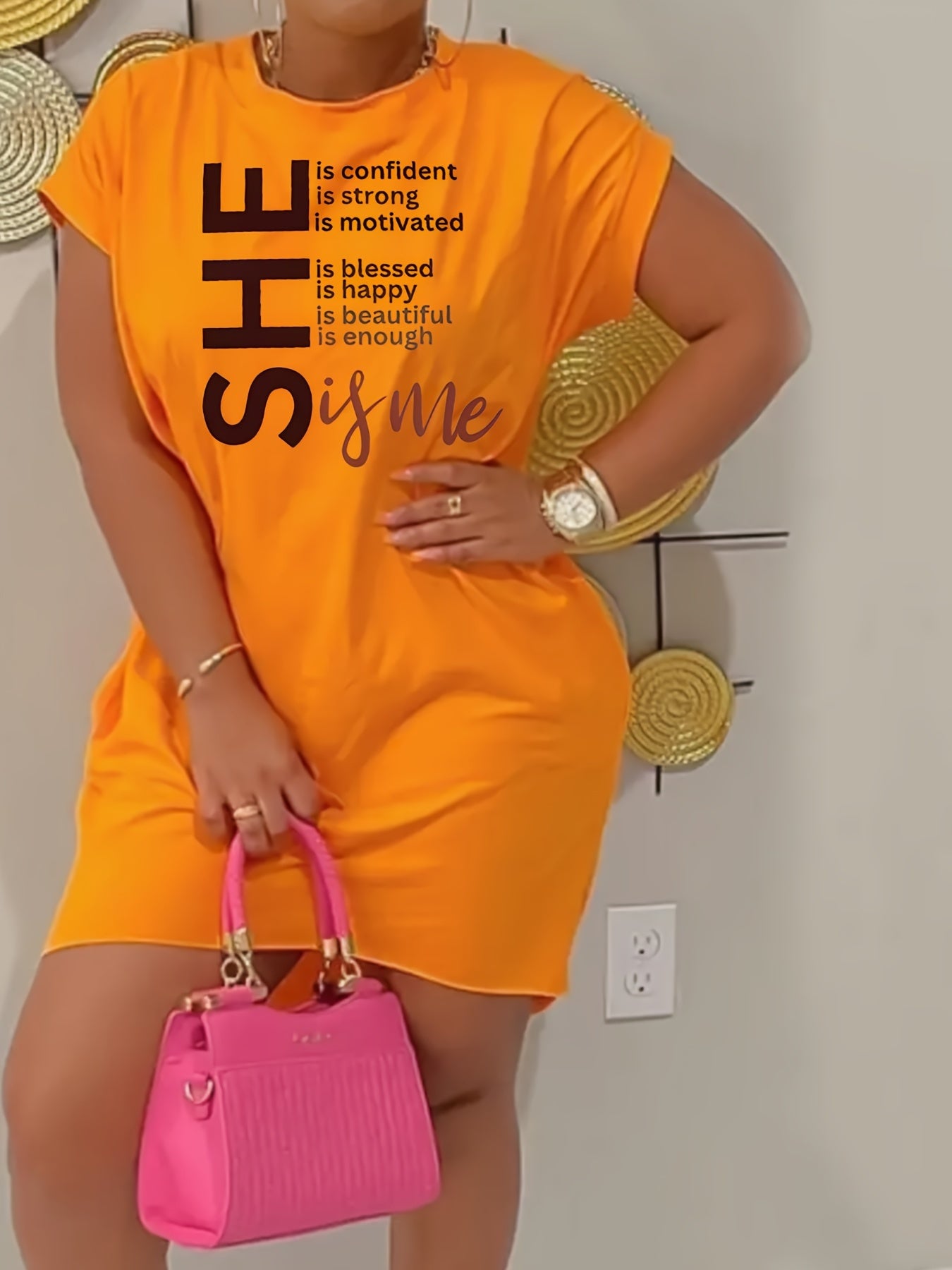 Women's Casual Fitted Dress with Pocket - Vibrant Orange Empowering "She Is Confident" Letter Print, Short Front & Long Back Asymmetrical Hem, Machine Washable All-Season Wear, Motivational Clothing | Asymmetrical Dress | Com