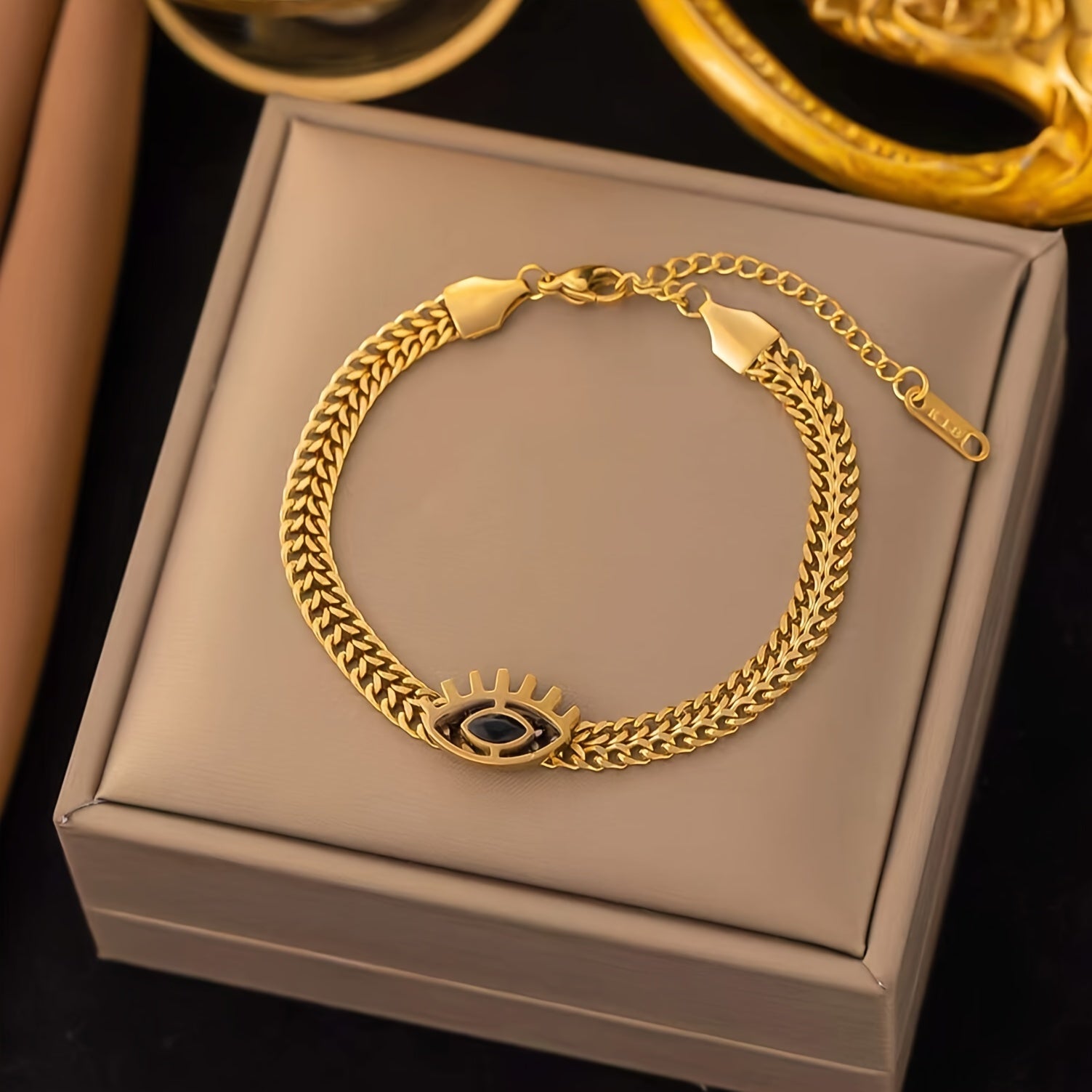 2pcs/set, Golden Stainless Eye Shape Design, Inlaid Sparking zirconia Pendant Necklace & Bracelet Set, Fashion Unique Accessory For Daily Wear & Party, Idea Gift For Ladies
