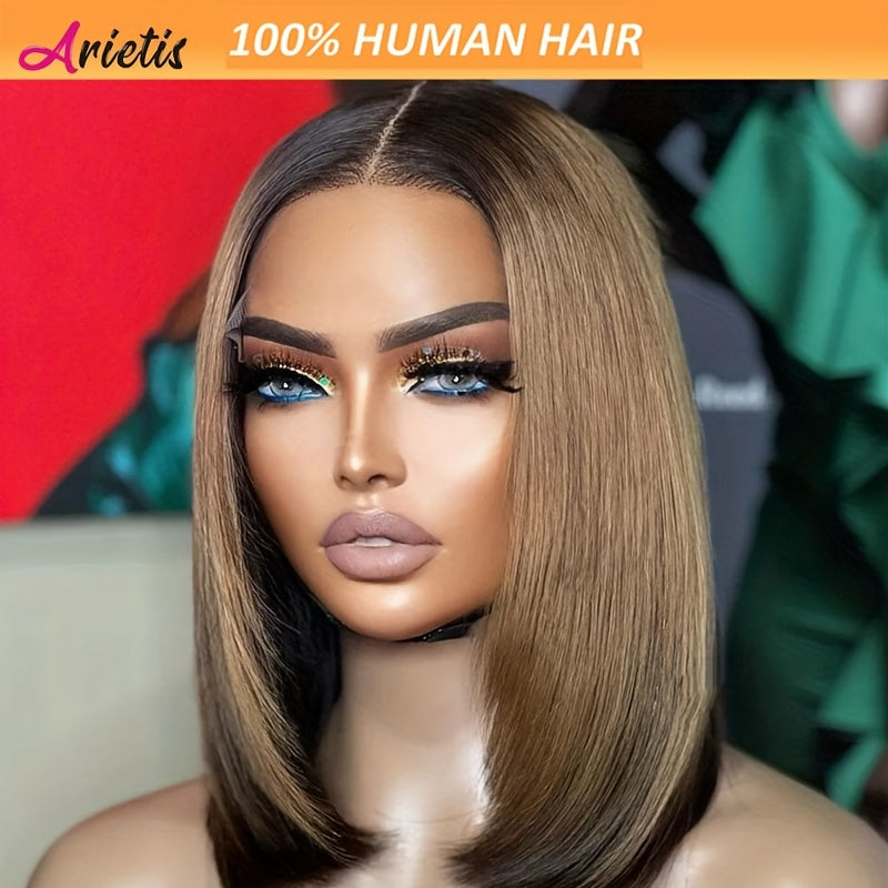 13x4 Transparent Lace Front Wig 10 Inch Straight Bob Human Hair Wig - Brown to Blonde Ombre with Black Highlights, 180% Density, Business Style for Women of All Ethnicities, Wig Accessories