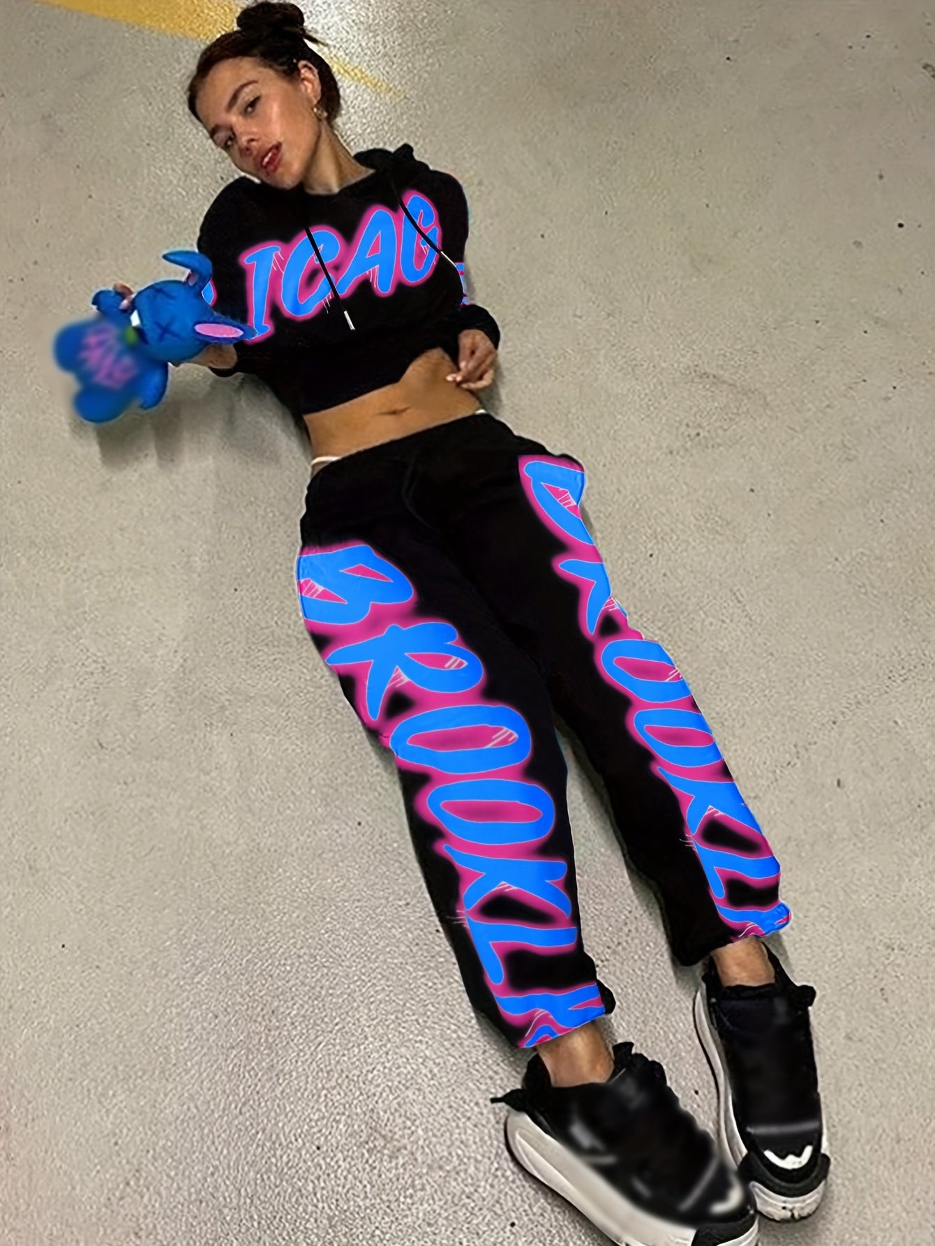 Women'S Spring/Fall Hooded Sweatshirt and Pants Set, Polyester 98% Elastane 2%, Alphabet Pattern, Knit Fabric, 250g/m² - A3964