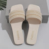 Elegant Women'S Slide Sandals with Pearl & Rhinestone Accents - Chic Open Toe, Flat Heel, Rubber Sole, Easy Care, Ideal for Home & Beach Outings, Strappy Sandals