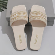 Elegant Women'S Slide Sandals with Pearl & Rhinestone Accents - Chic Open Toe, Flat Heel, Rubber Sole, Easy Care, Ideal for Home & Beach Outings, Strappy Sandals
