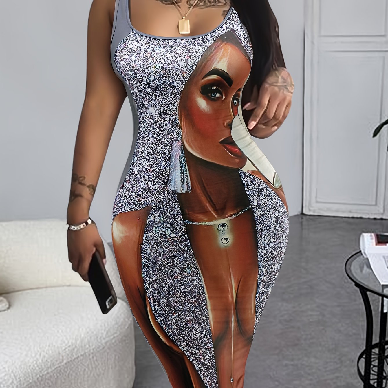 Vibrant Figure-Hugging Square Neck Tank Dress - Soft Dacron & Spandex Blend, Mid-Elastic, Machine Washable, Portrait Print, Young Style, Customized Bodycon Dress for Women - Perfect for Spring/Summer Season