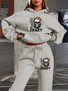 Women's 2024 New Skull Letter Print Hoodie and Pants Set, Casual Polyester Knit Sweatshirt with Drawstring Hood, Geometric Pattern, Pocket Detail, Autumn/Winter Fashion Outfit