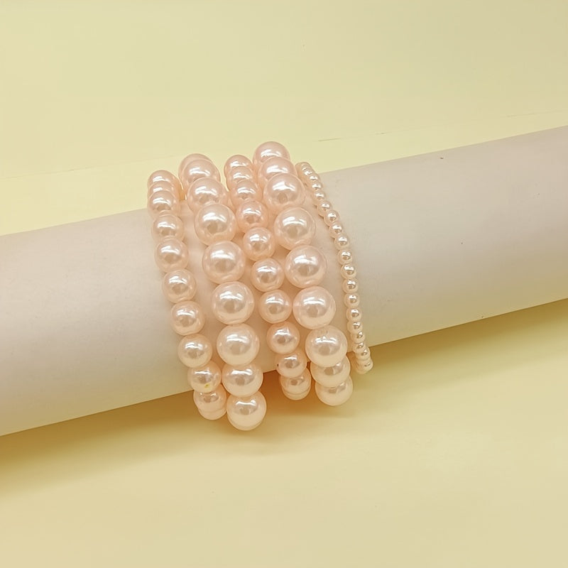 5pcs Elegant French-Inspired Acrylic Faux Pearl Bracelet Set - Vintage Chic Multi-Layer Beaded Stacking Wrist Jewelry, Ideal for Daily Wear & Gifting