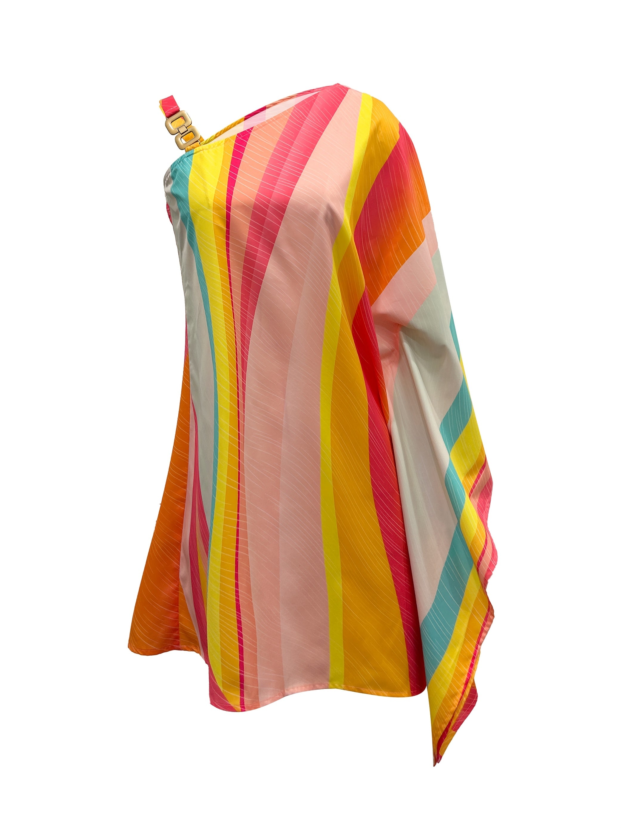 Women's Elegant Multicolor Print Dress - One-Shoulder with Golden Chain Detail, Polyester Blend, Machine Washable, Perfect for Spring/Summer Fashion Events