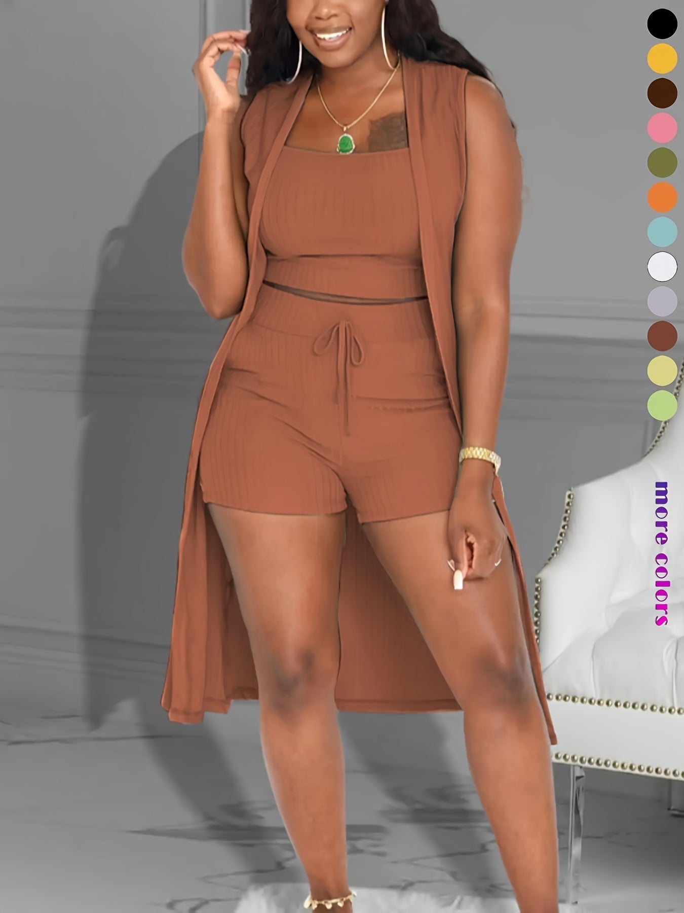 Women 3pcs Outfits Ribbed Sleeveless Kimono Cardigan Cover Up Tank Crop Tops Bodycon Shorts Tracksuit Lounge Sets, Casual Ribbed 3pcs Set, Crop Top+high Waisted Drawstring Pants+long Cardigan, Women's Clothing