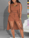 Women 3pcs Outfits Ribbed Sleeveless Kimono Cardigan Cover Up Tank Crop Tops Bodycon Shorts Tracksuit Lounge Sets, Casual Ribbed 3pcs Set, Crop Top+high Waisted Drawstring Pants+long Cardigan, Women's Clothing