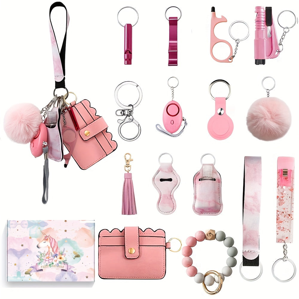 17pcs Women'S Safety Keychain Set with Personal Alarm, Friendship Love Theme, Oblong Shape, Snap Hook Closure, Floating Feature, Button Battery Included, Ideal Holiday Gift