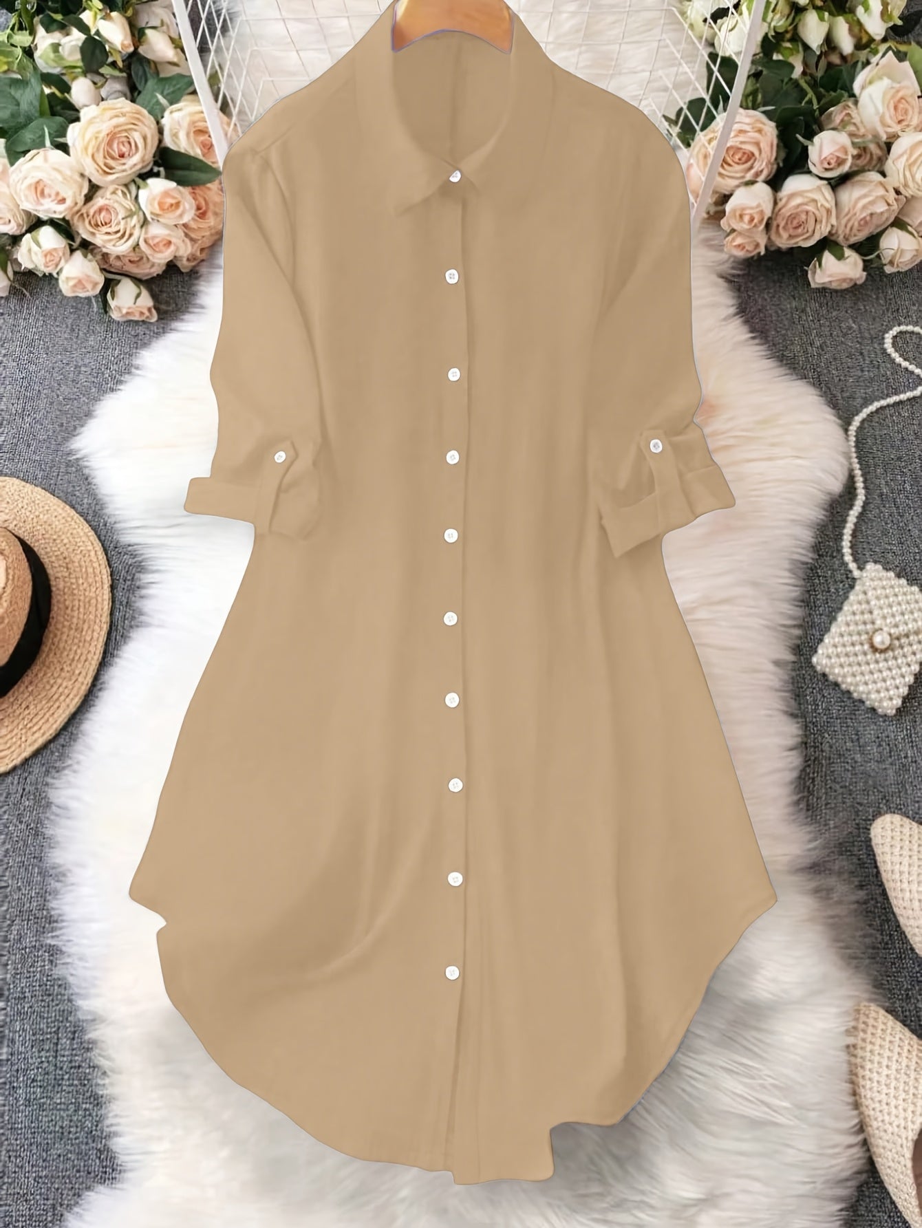Women'S Light Blue Dress Shirt with Front Buttons and Sleeves - Casual Crew Neck, Long Sleeve, Solid Color, Polyester, Perfect for Spring and Fall, Ladies Dress