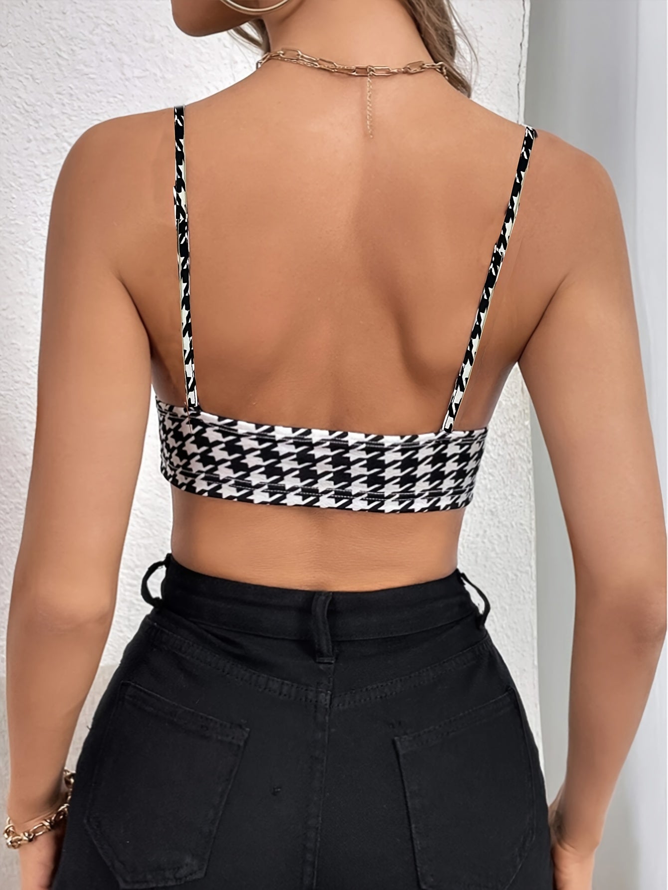 Houndstooth Print V-Neck Cami Top, Sexy Backless Sleeveless Crop Top for Women