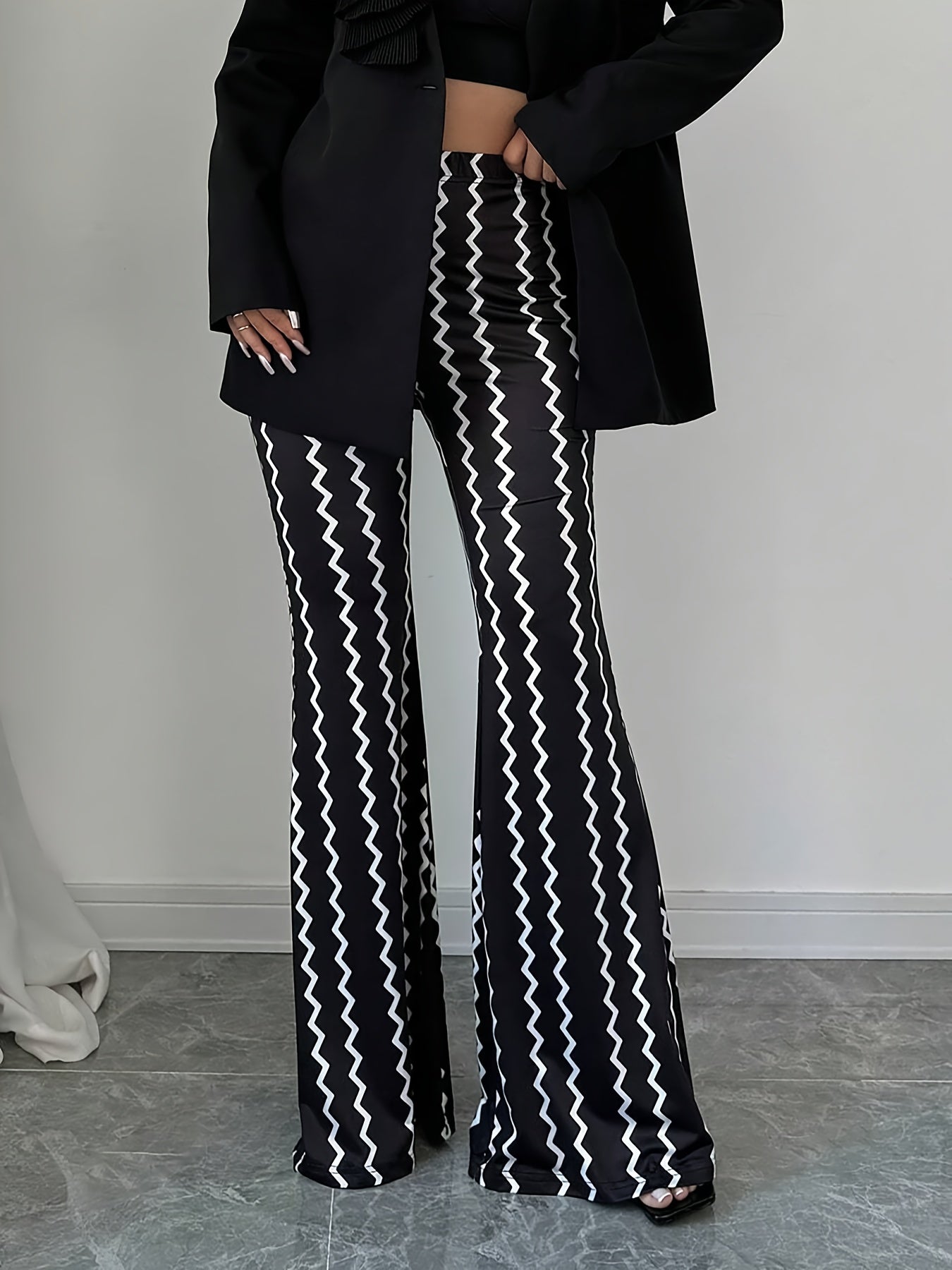 Women's Elegant High-Waisted Flare Pants - Black & White Striped Bell Bottoms with Herringbone Pattern, Machine Washable Polyester Blend for Spring/Fall, Ladies Pants