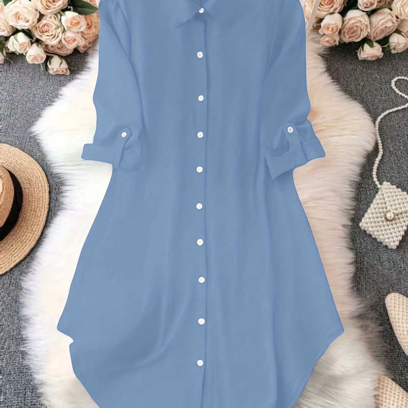 Women'S Light Blue Dress Shirt with Front Buttons and Sleeves - Casual Crew Neck, Long Sleeve, Solid Color, Polyester, Perfect for Spring and Fall, Ladies Dress