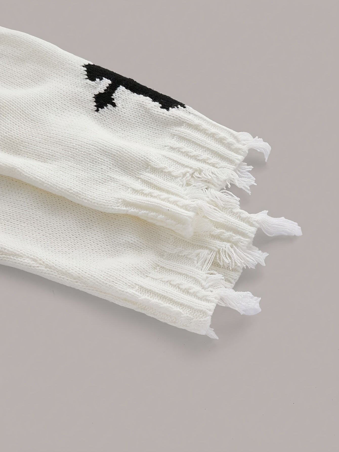 Women's Distressed Drop Shoulder Long Sleeve V-Neck Sweater - Elegant White Knit Pullover with Black Cross Pattern, Frayed Hem Detail, Acrylic Material for Spring/Summer, Ladies Sweaters