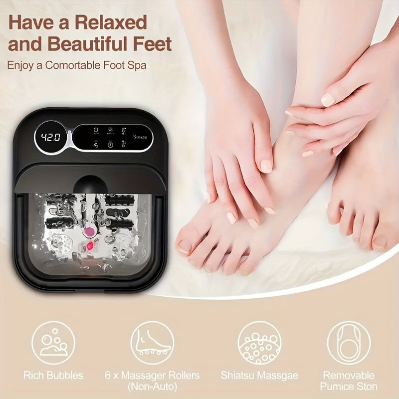 Foldable Foot Massager With Heat, Temperature Control And Bubbles, Foot Spa With Touch Screen, 6 Rollers And Pumice Stones, Foot Soak