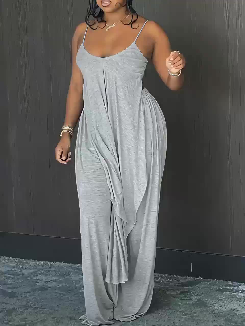 Minimally Casual Set with V-neck Asymmetrical Hem, Camisole Top And Elastic Waistband, Long Pants, Sleepwear Set, Suitable for Women to Wear As Outerwear
