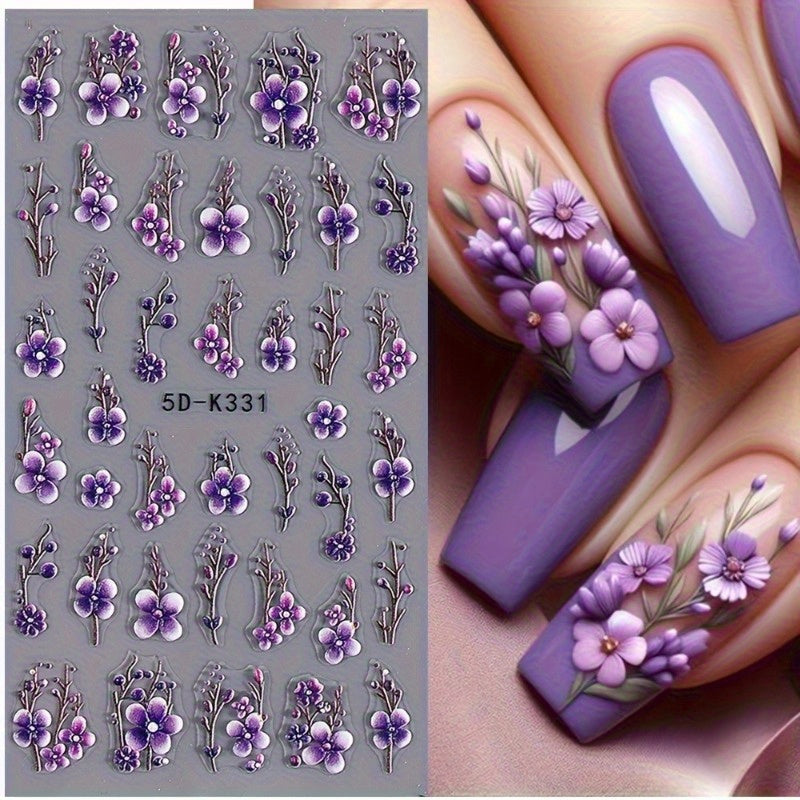 2pcs 5D Floral Nail Art Stickers - Dreamy Purple & Pink Flowers, Vines & Roses | Realistic Self-Adhesive Decals for DIY Manicure | Fragrance-Free, Reusable Plastic Embellishments with Glitter Accents, Nail Stickers