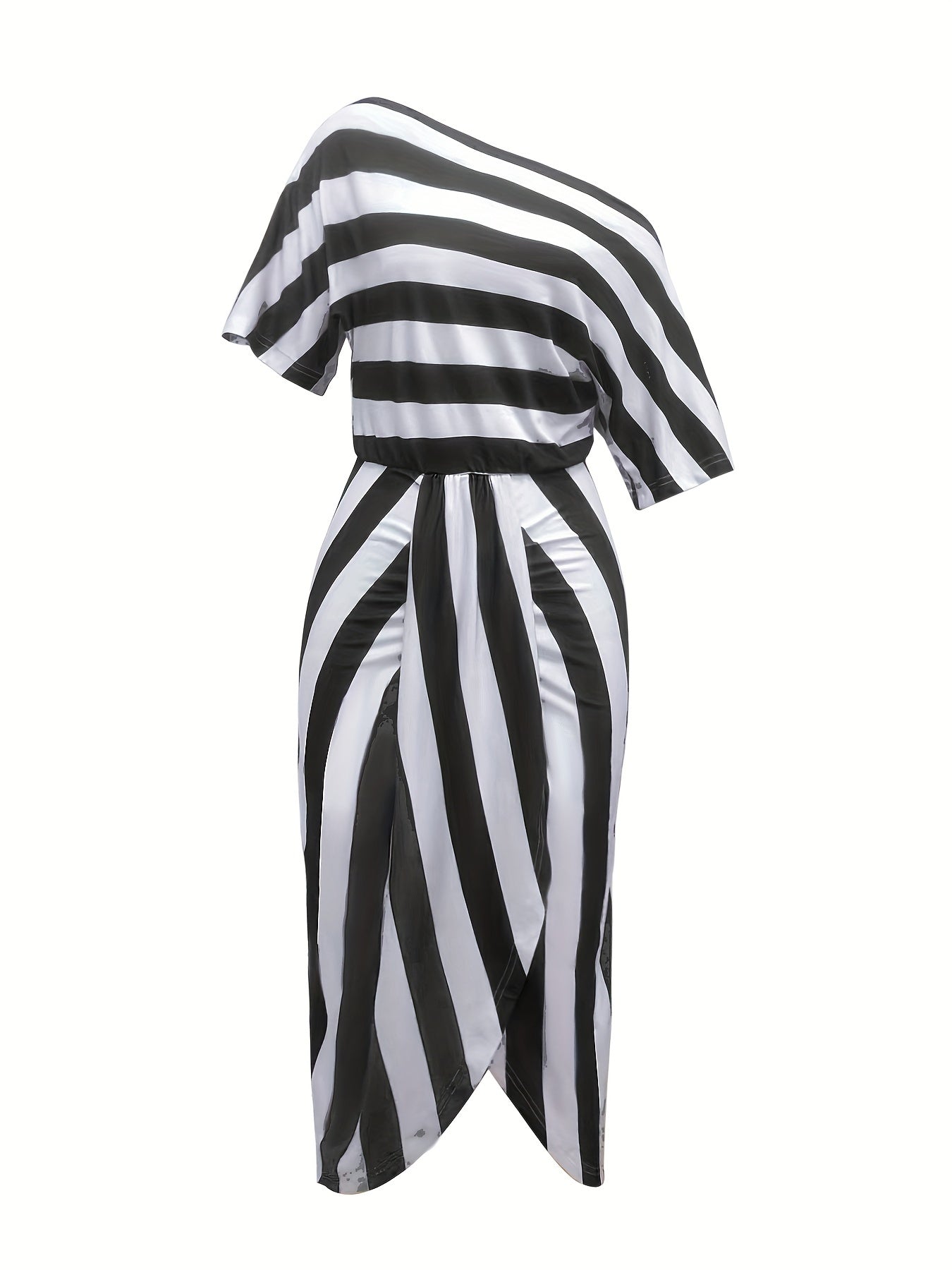Striped One Shoulder Split Dress - Sexy Short Sleeve Dress For Summer - Women's Clothing - For Women - Perfect for Parties & Beach Vacations - Ideal Gift for Her