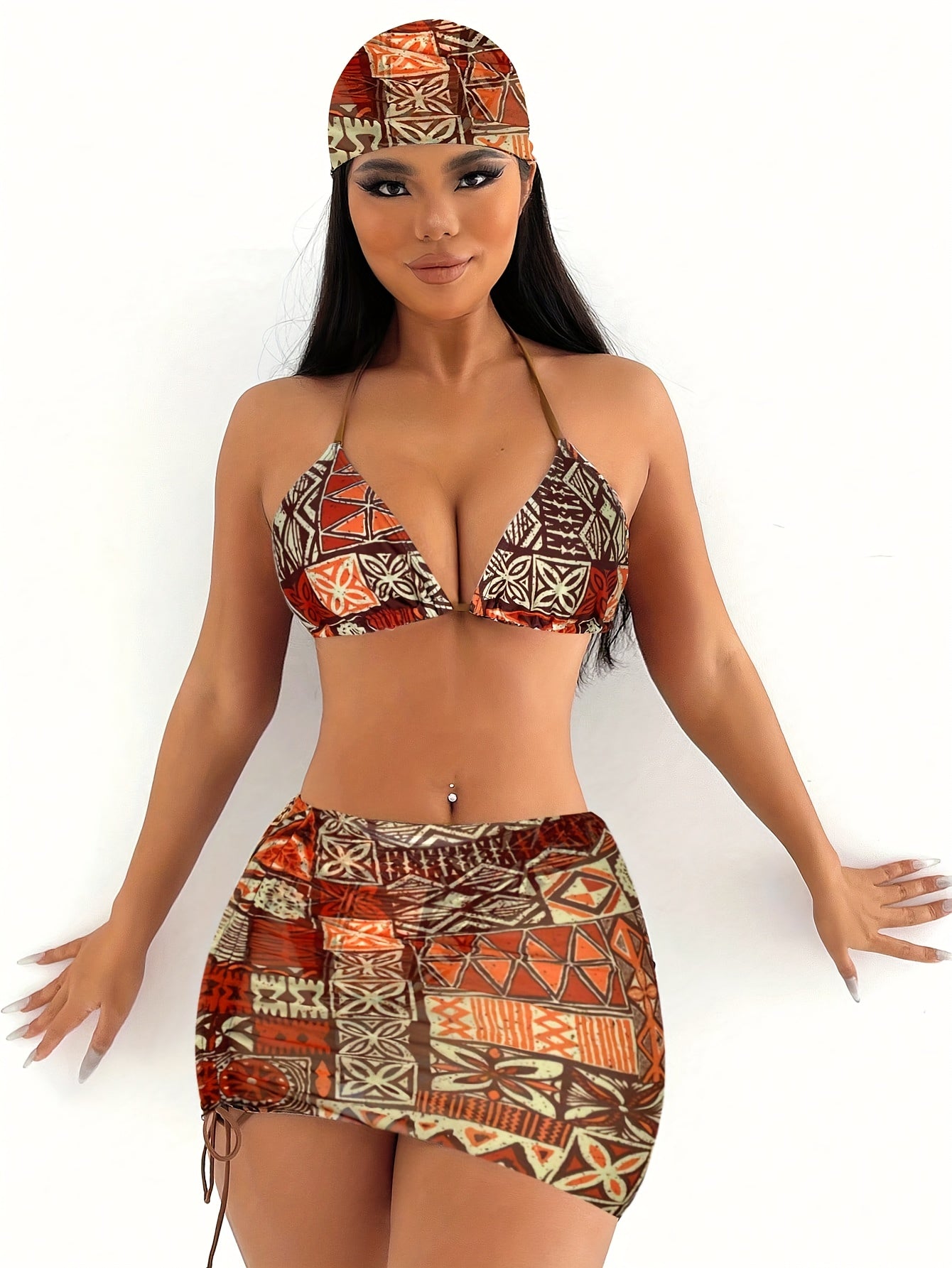 Women'S 2024 New Geometric Pattern Bikini Set with Headscarf, Polyester High Elasticity, Halter Neck, Sleeveless, Tie Detail, Swimwear Outfit for Ladies