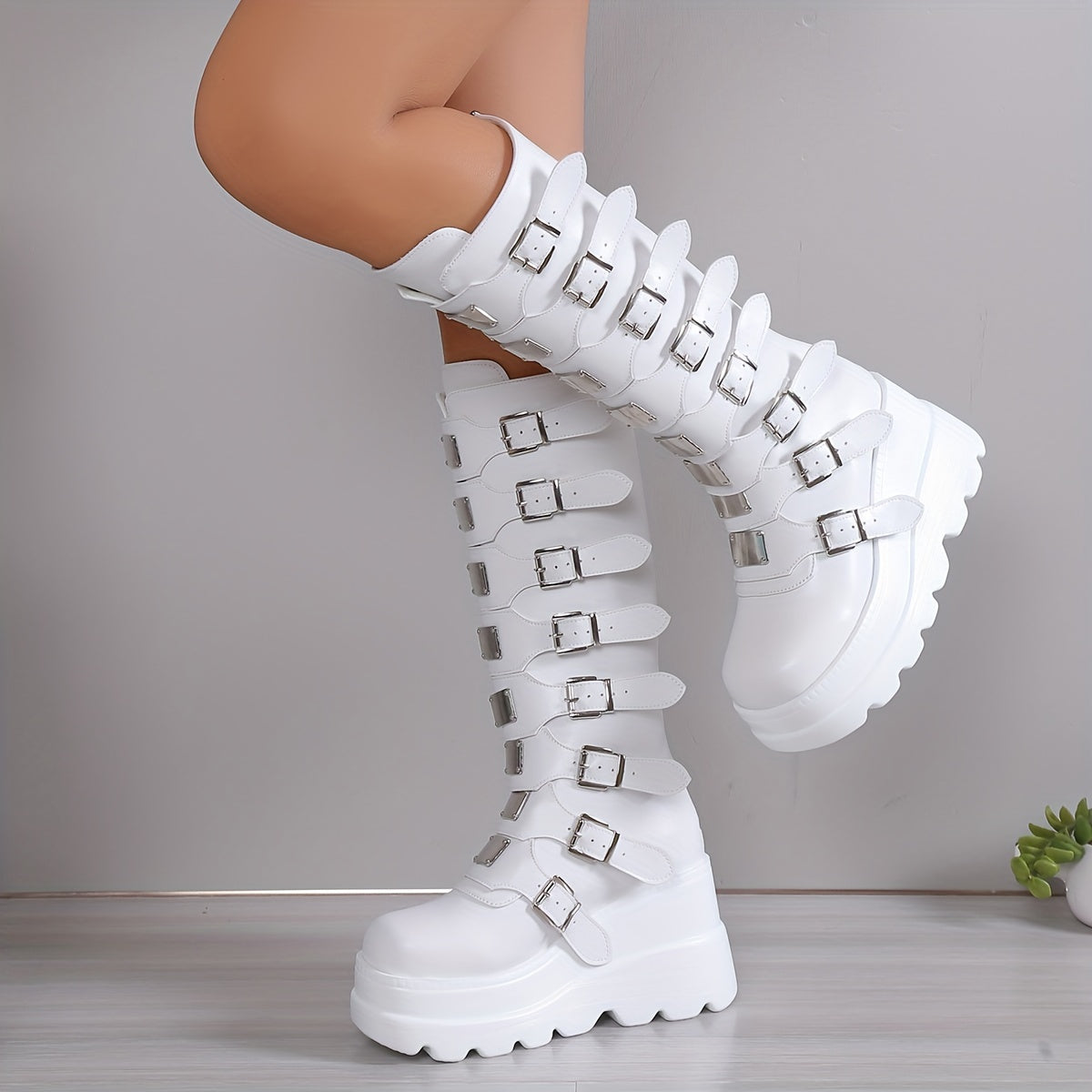 Womens Stylish Wedge Heel Boots with Fashion Buckle Straps - Platform Design, Back Zipper Closure - Perfect for Carnaval & Music Festivals - Trendy and Comfortable