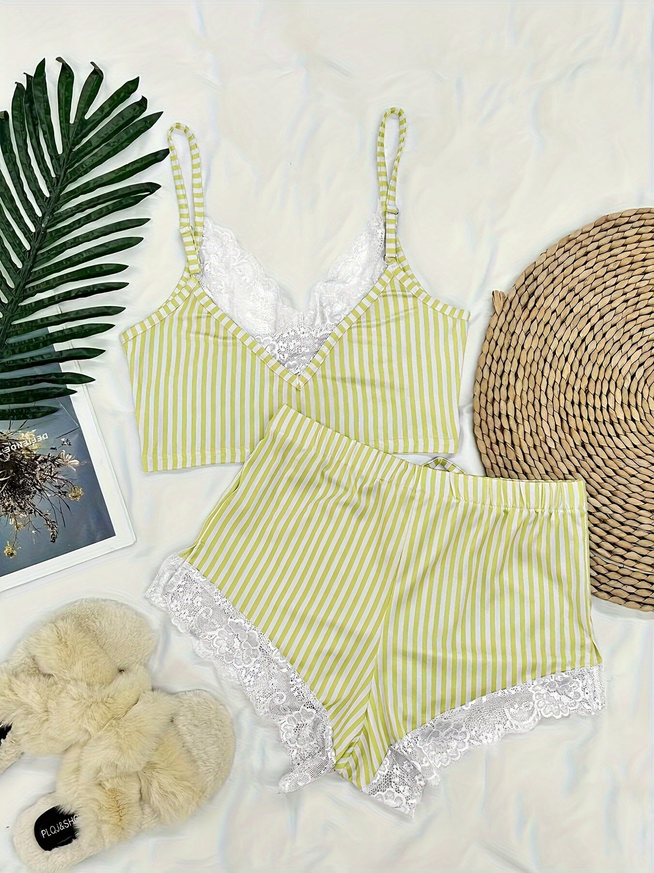 Striped Printed Lace Splicing Double Side Opening Comfortable, Soft And Skin-friendly Home Pajamas Set