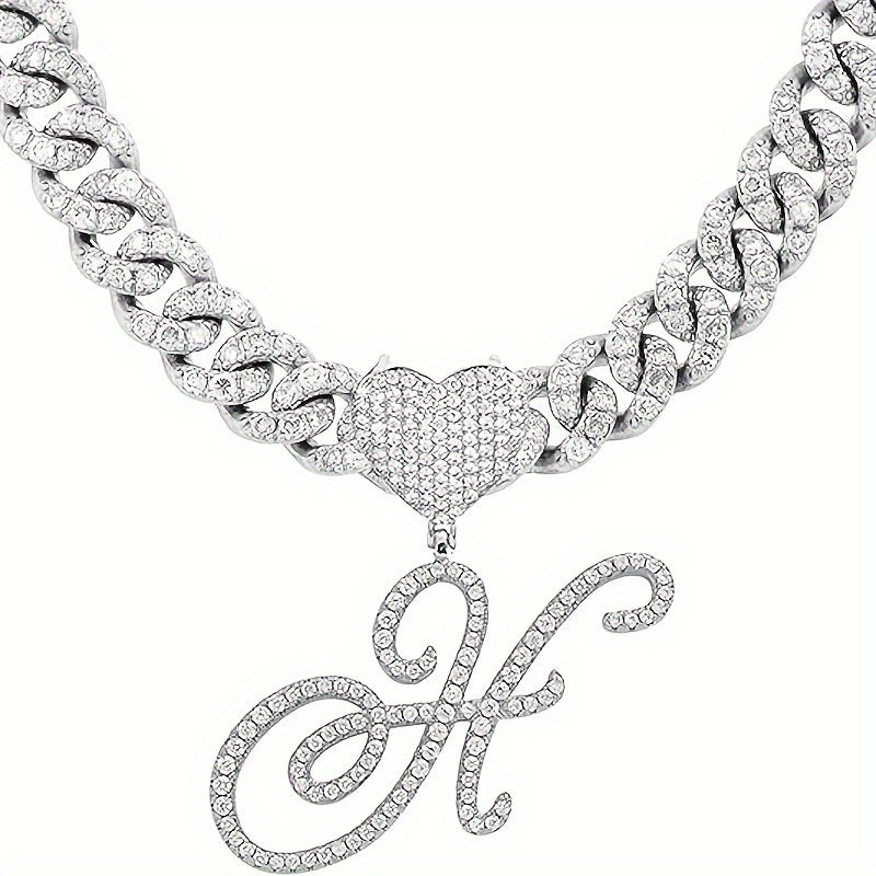 Silvery Cuban Link Necklace - Heart-shaped Alphabet Pendant on Ice Chain - Unisex Hip-hop Jewelry Gift