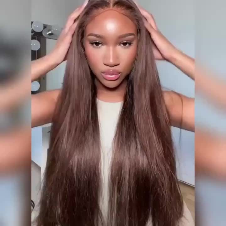 250% Density Silk Straight Wigs 100% Brazilian Human Hair 13*6 HD Transparent Lace Deep Parting Pre Plucked Natural Hairline Chocolate Brown Straight Human Hair #4 Color Wig Suitable For All Women