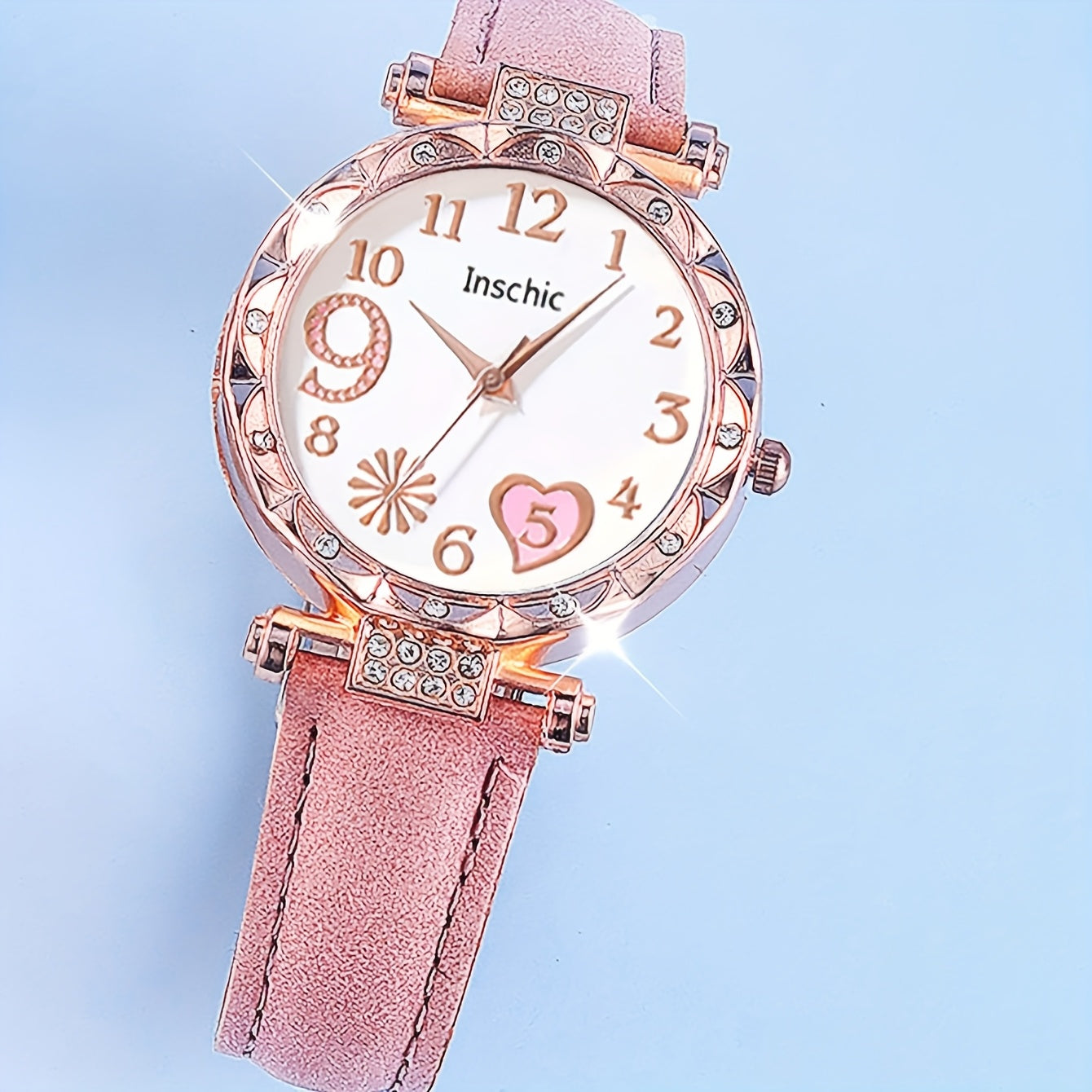 6pcs Elegant Faux Leather & Rose Golden Accessory Set - Heart-Shaped Watch, Bracelet, Necklace, Earrings with Pink Rhinestones - Perfect Mother'S Day Gift for Moms, Everyday Style, Everyday Accessory Set|Fashionable Gift Set|