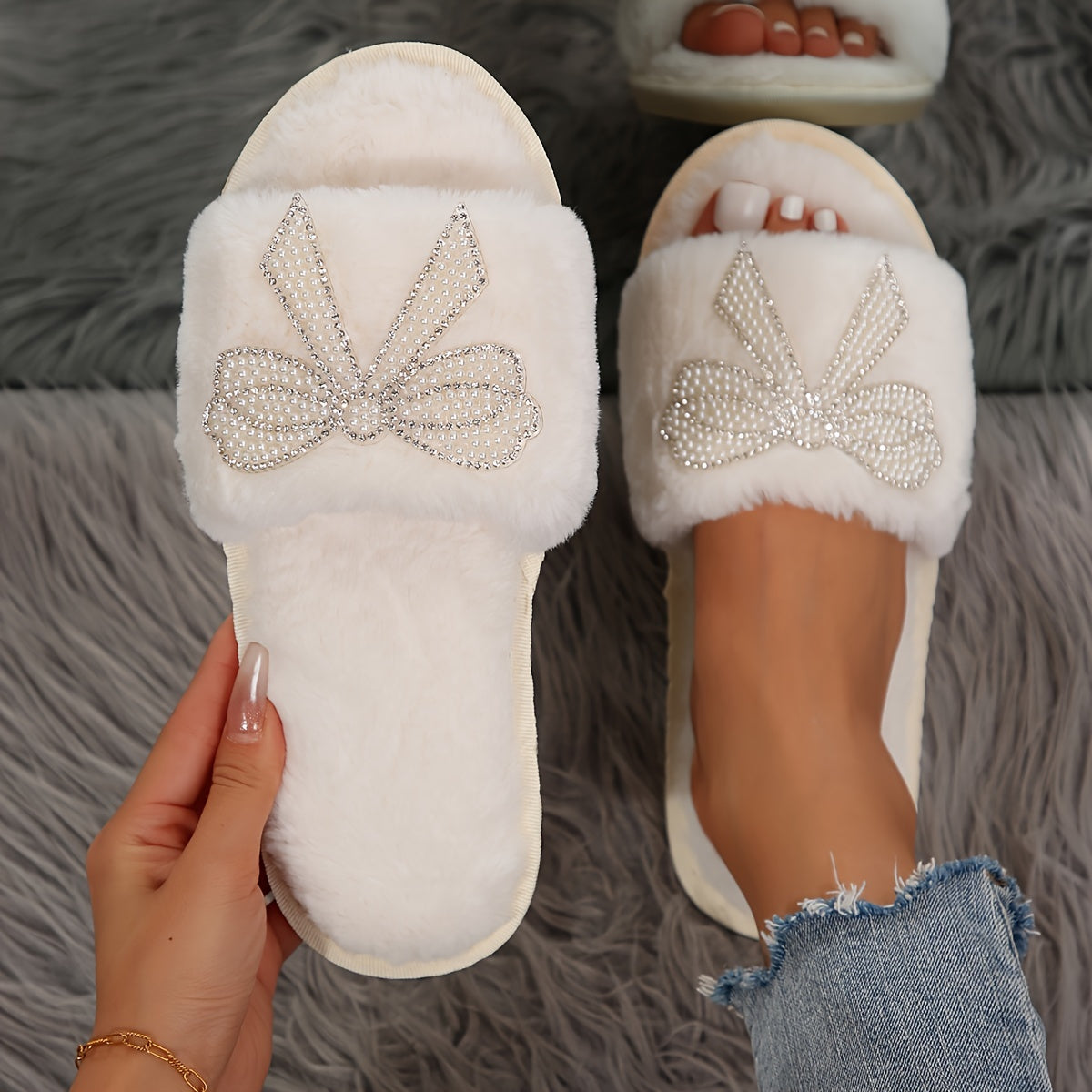 Rhinestone Butterfly Decor Home Warm Slippers, Soft Sole Platform Fluffy Non-slip Shoes, Bedroom Open Toe Plush Shoes