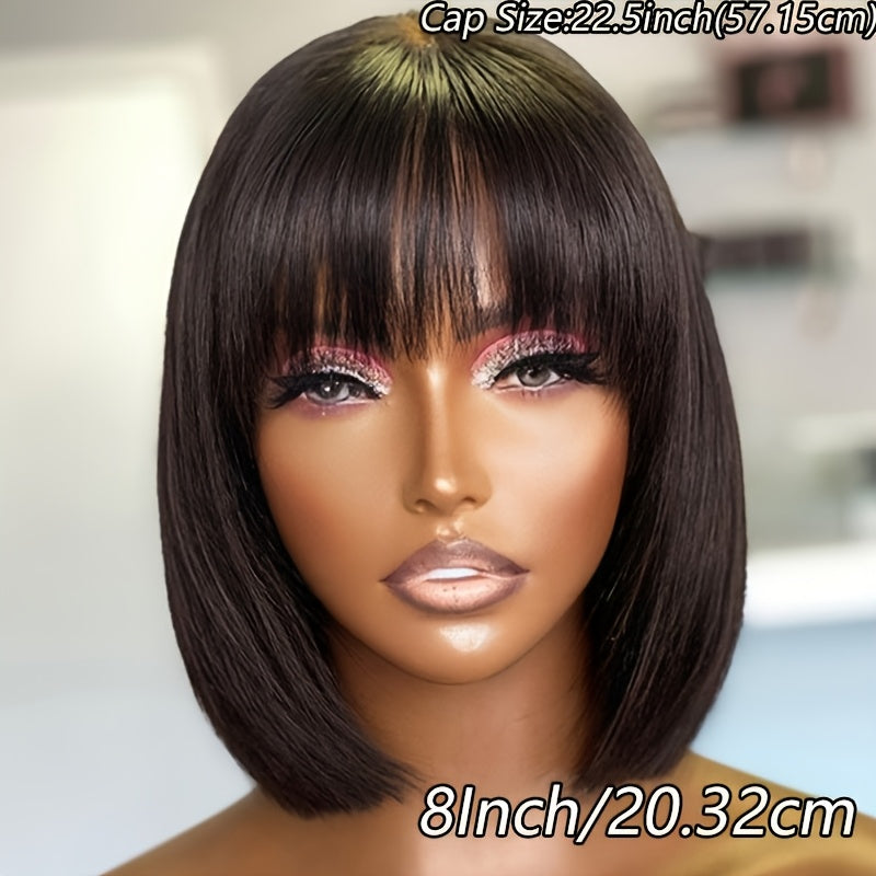 Elegant Straight Brazilian Human Hair Bob Wig with Bangs, Density, Glueless Short Wigs for Women, Rose Net Cap, Natural Look, Straight Hair, Human Hair, with Fring