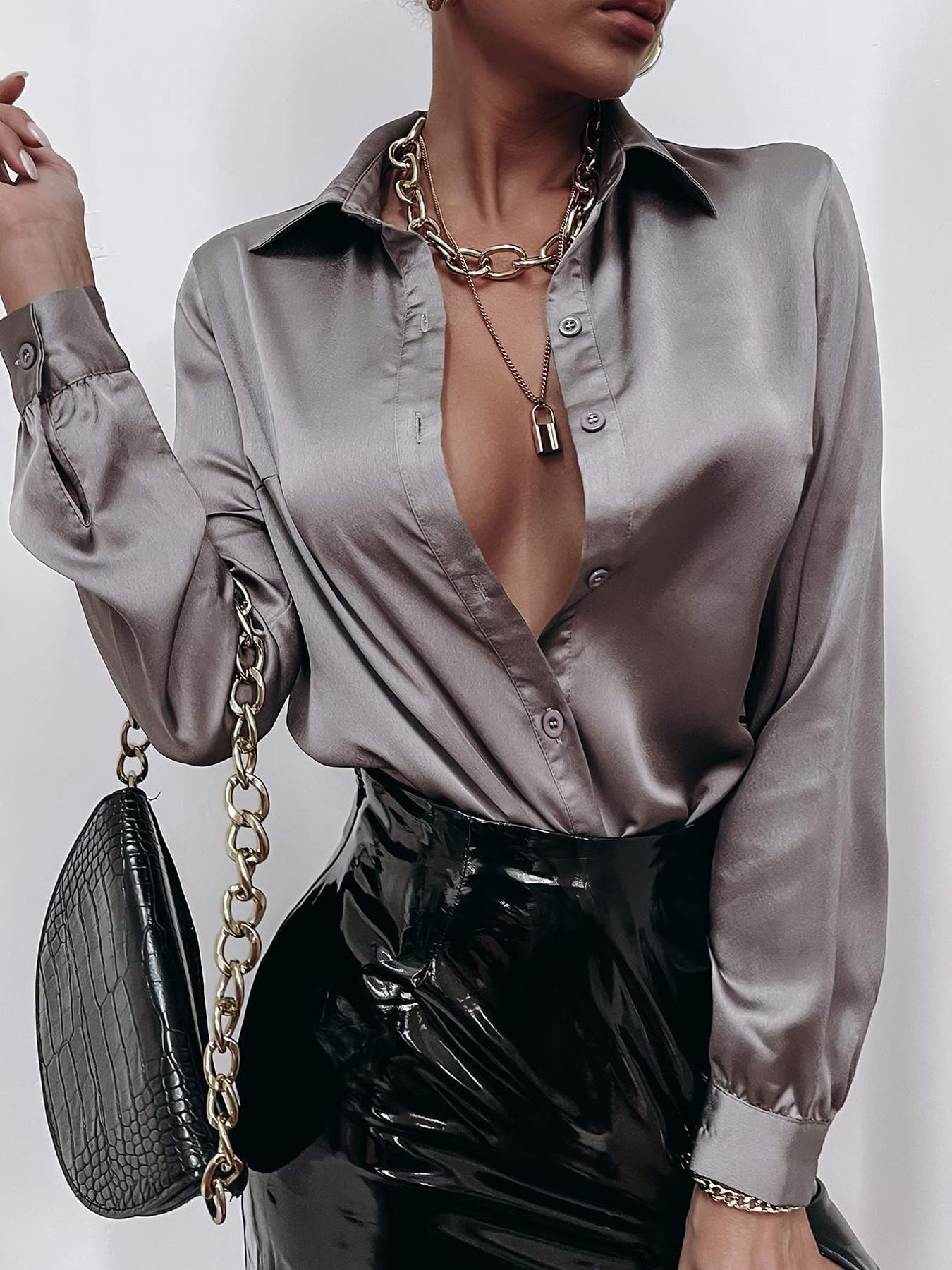 SATIN SOLID BUTTON FRONT BLOUSE
