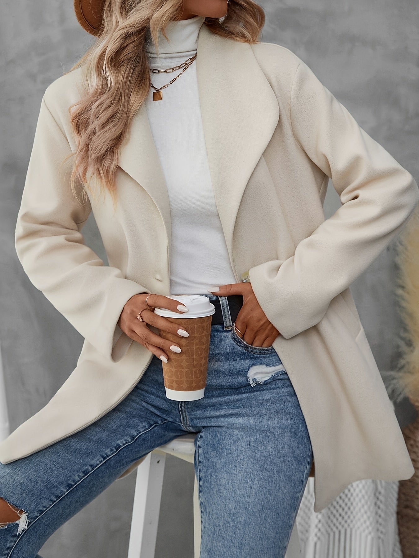 Elegant Women's Solid Color Blazer with Large Lapel - Long Sleeve, Open Front, Machine Washable - Perfect for Fall/Winter, Fleece, M9306